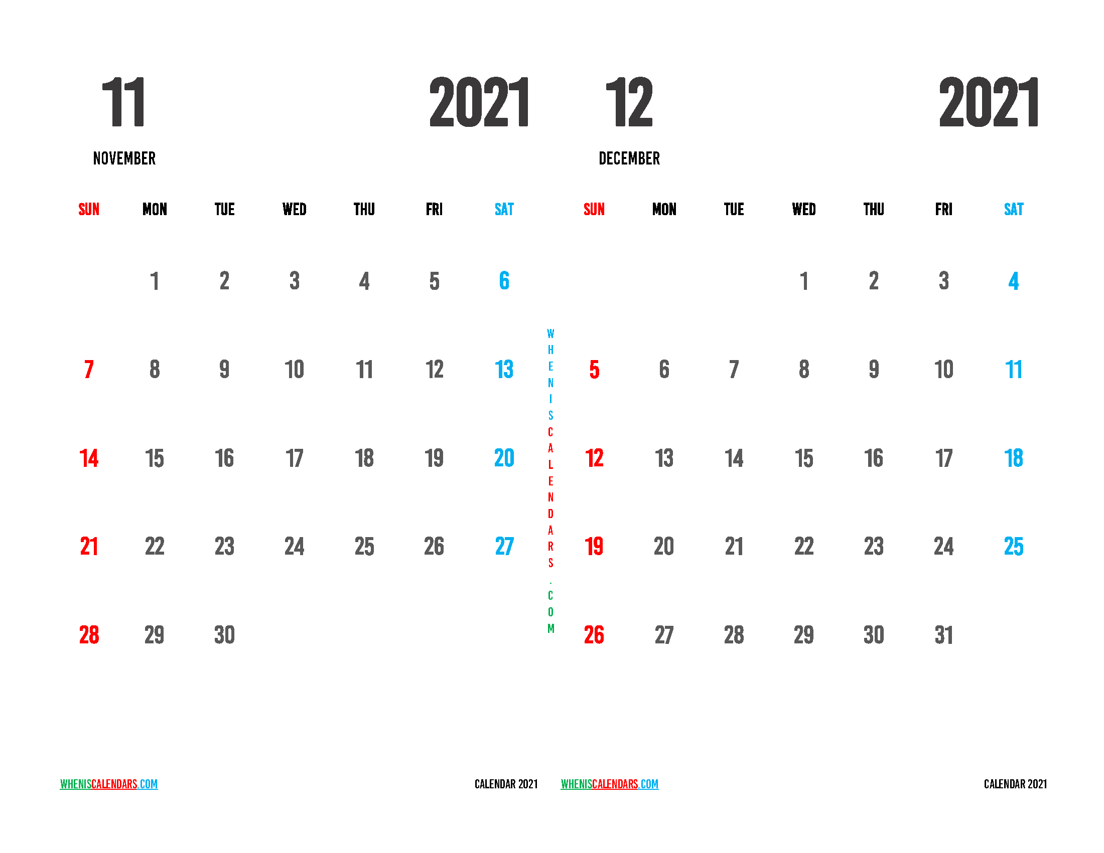 Free November December 2021 Printable Calendar