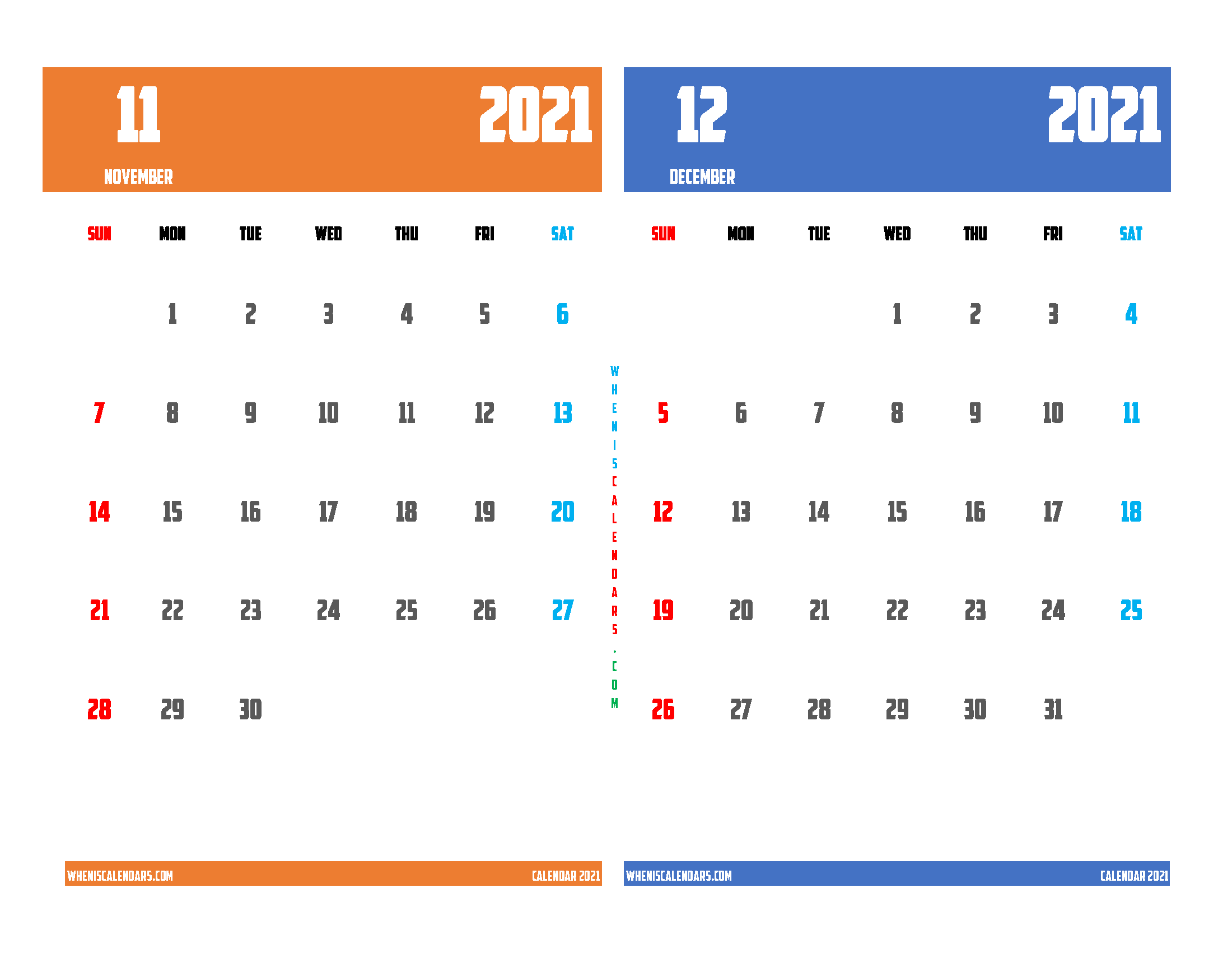 Printable Calendar November and December 2021