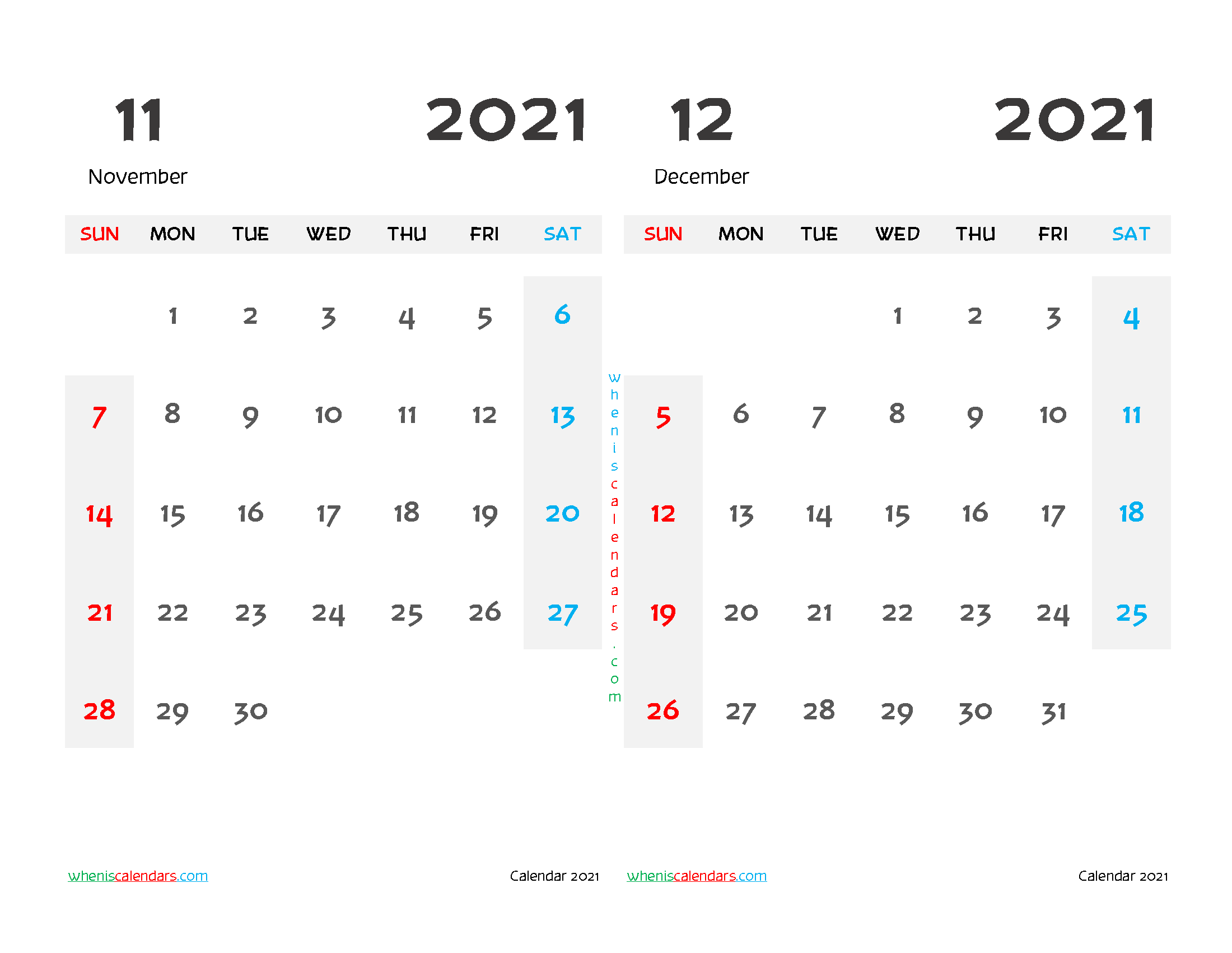 November and December 2021 Calendar Printable