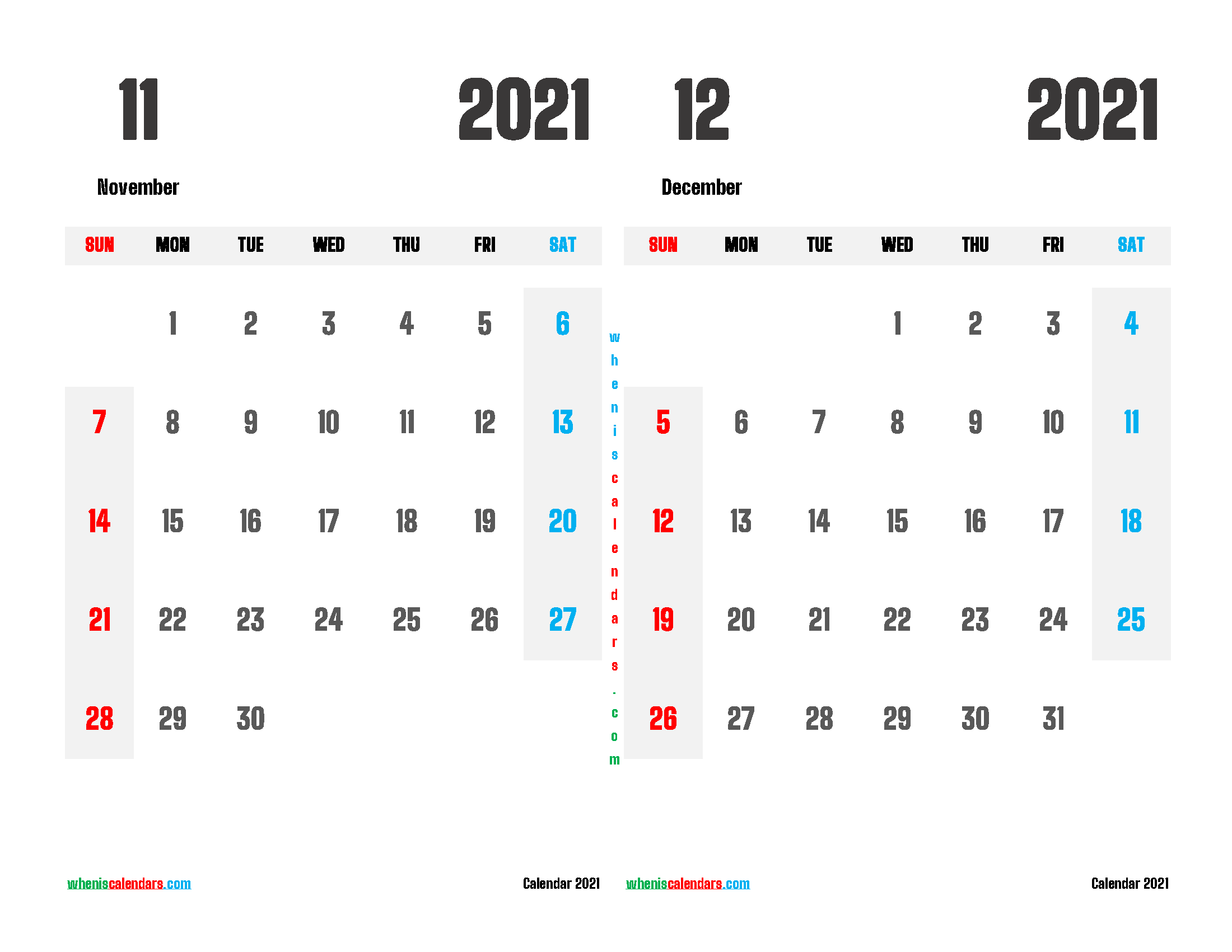 Printable Calendar 2021 November and December