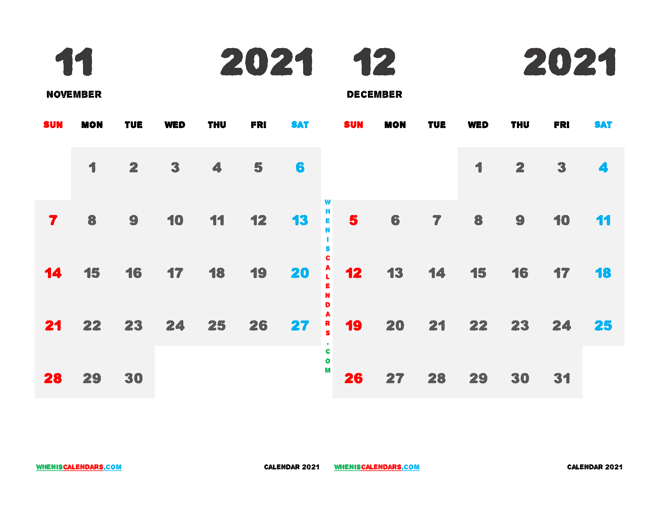 Printable Calendar 2021 November December
