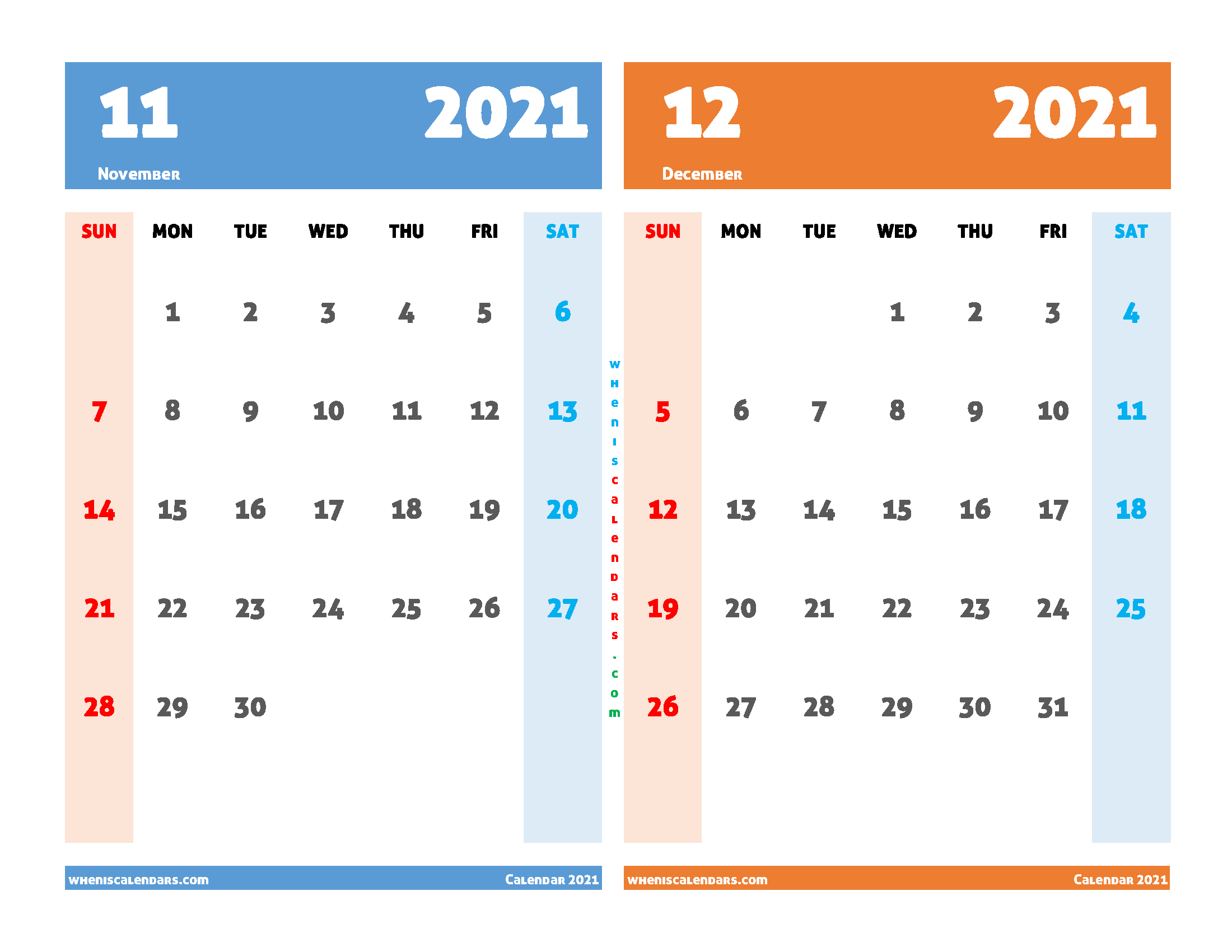 Printable Calendar 2021 November December