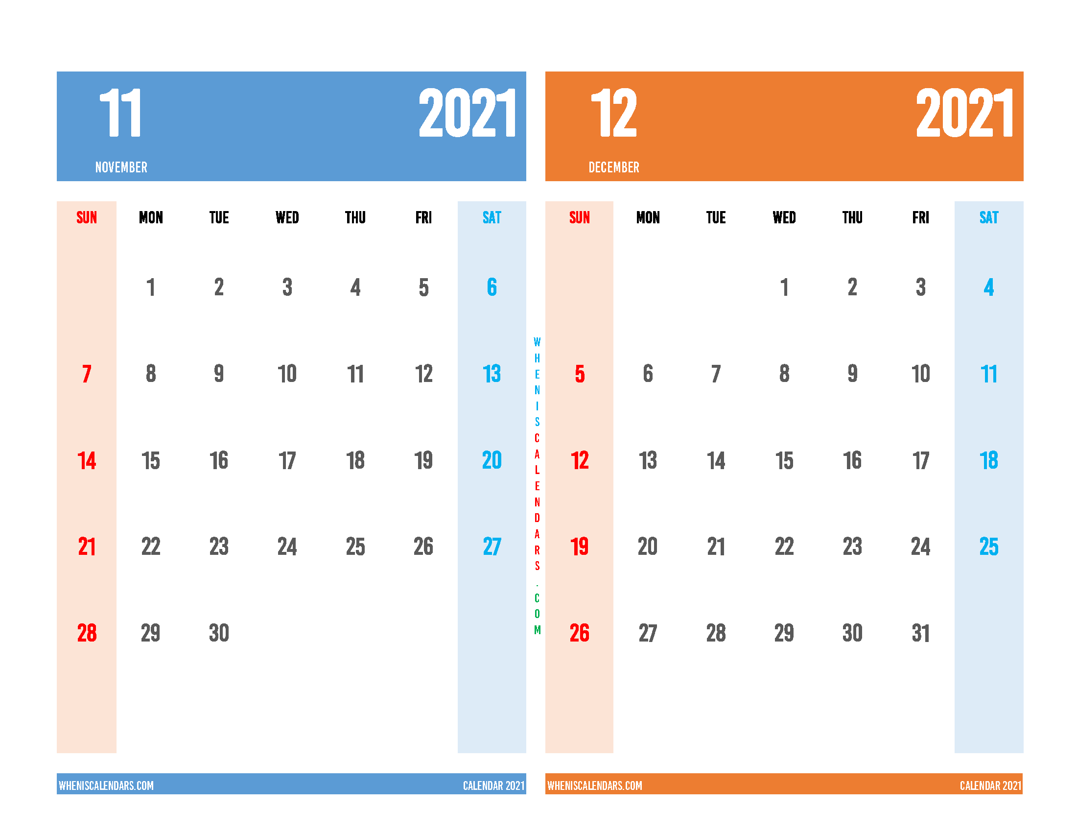 Printable Calendar 2021 November and December