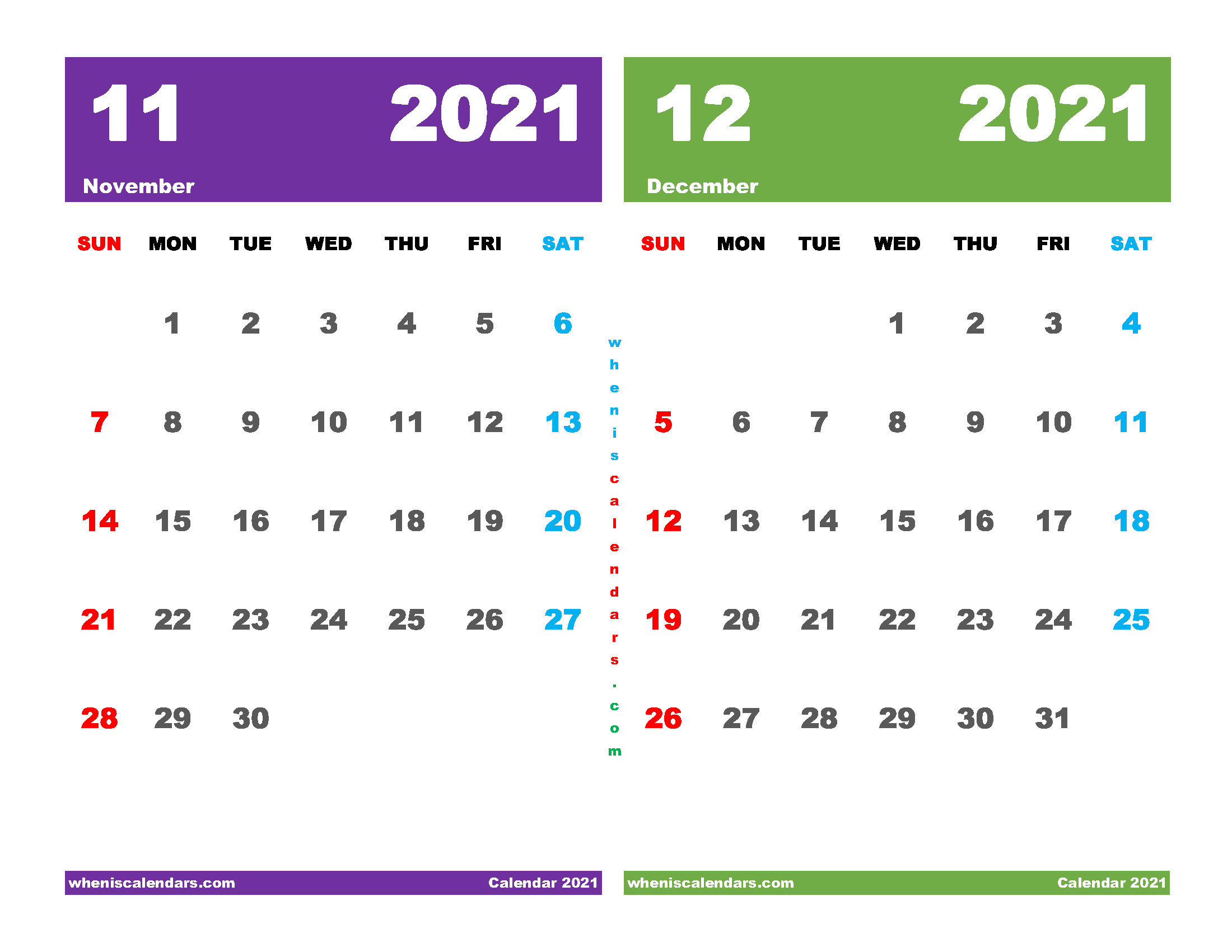 Printable Calendar November and December 2021