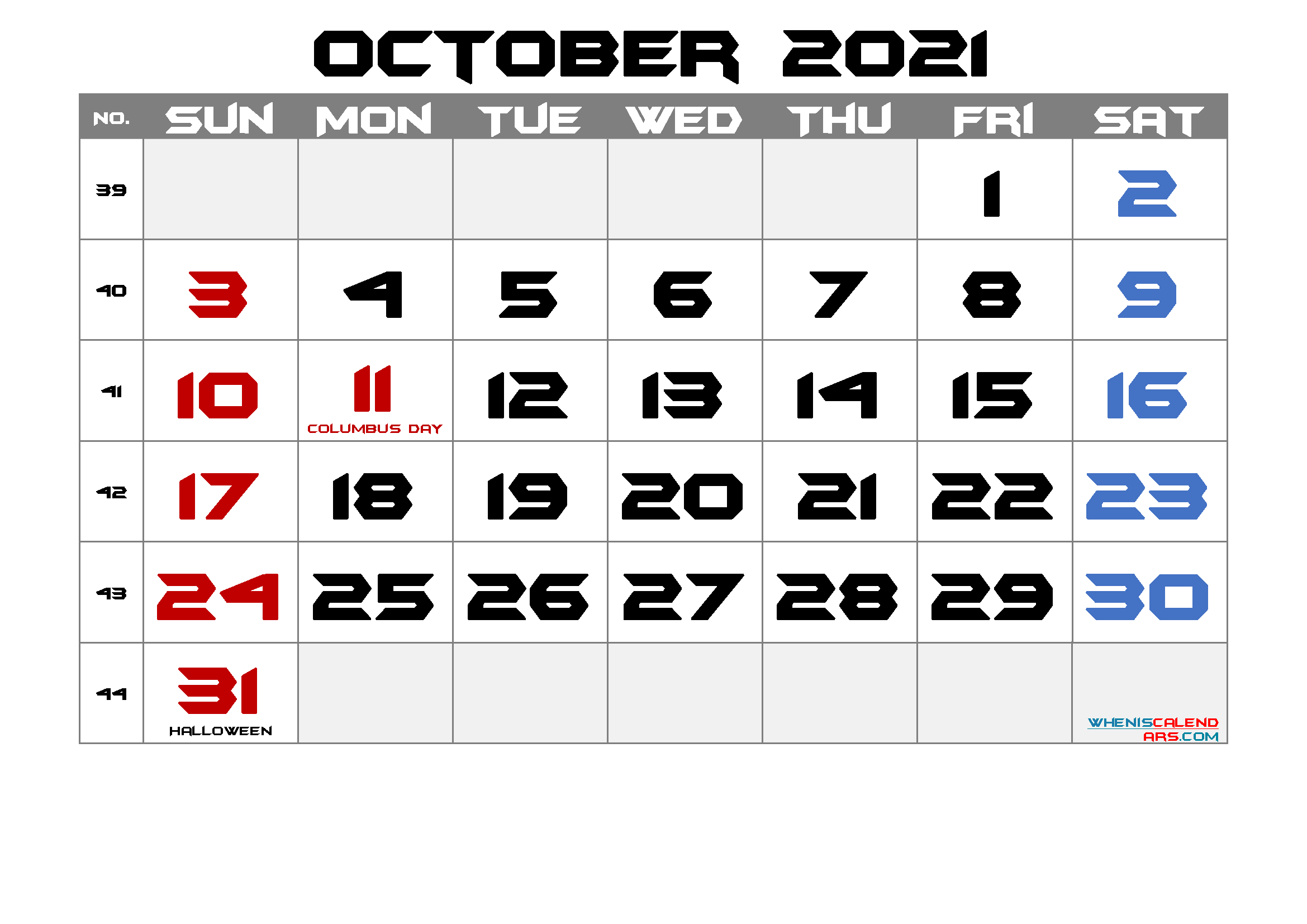 October 2021 Printable Calendar Free