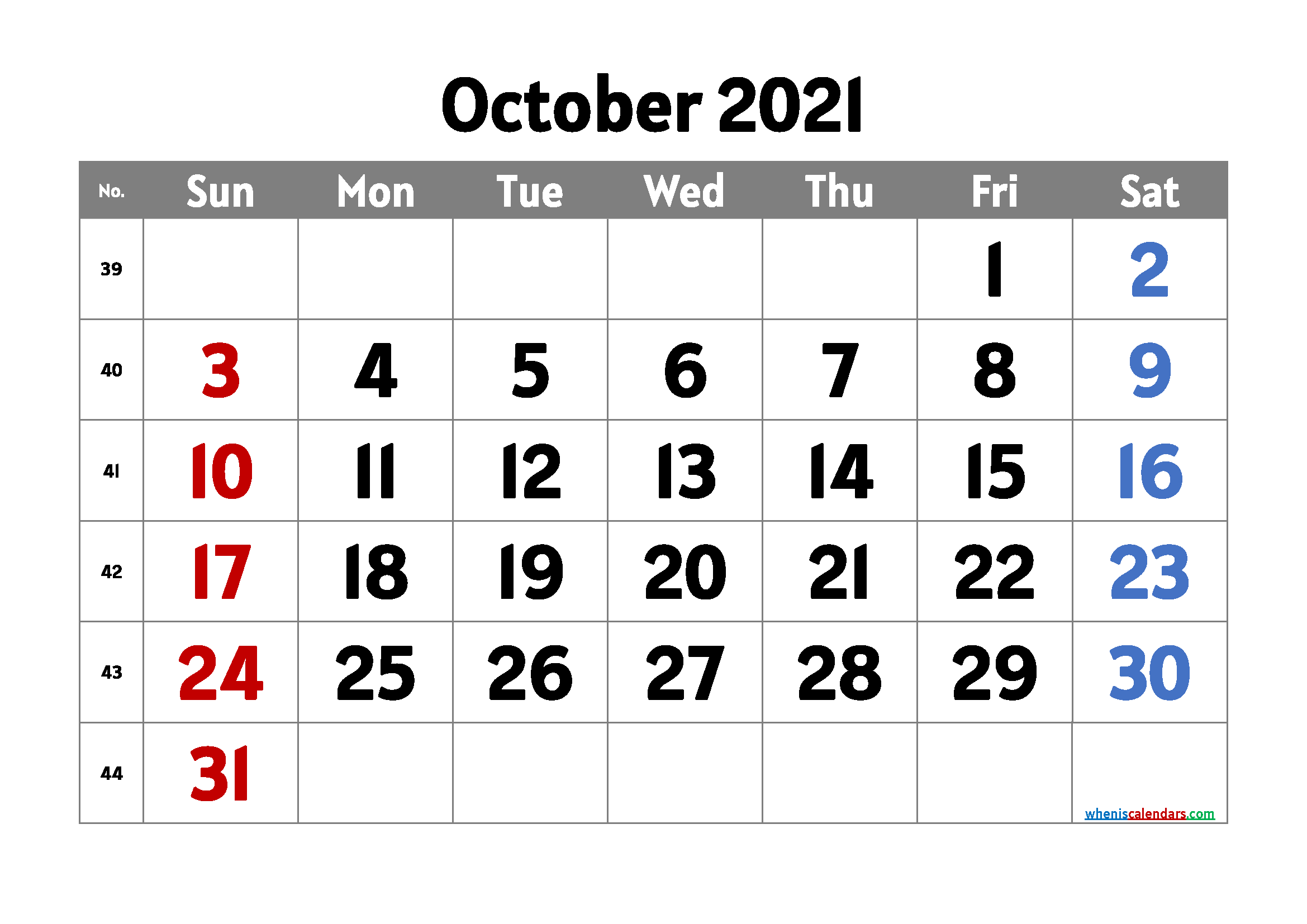 free printable october 2021 with week numbers