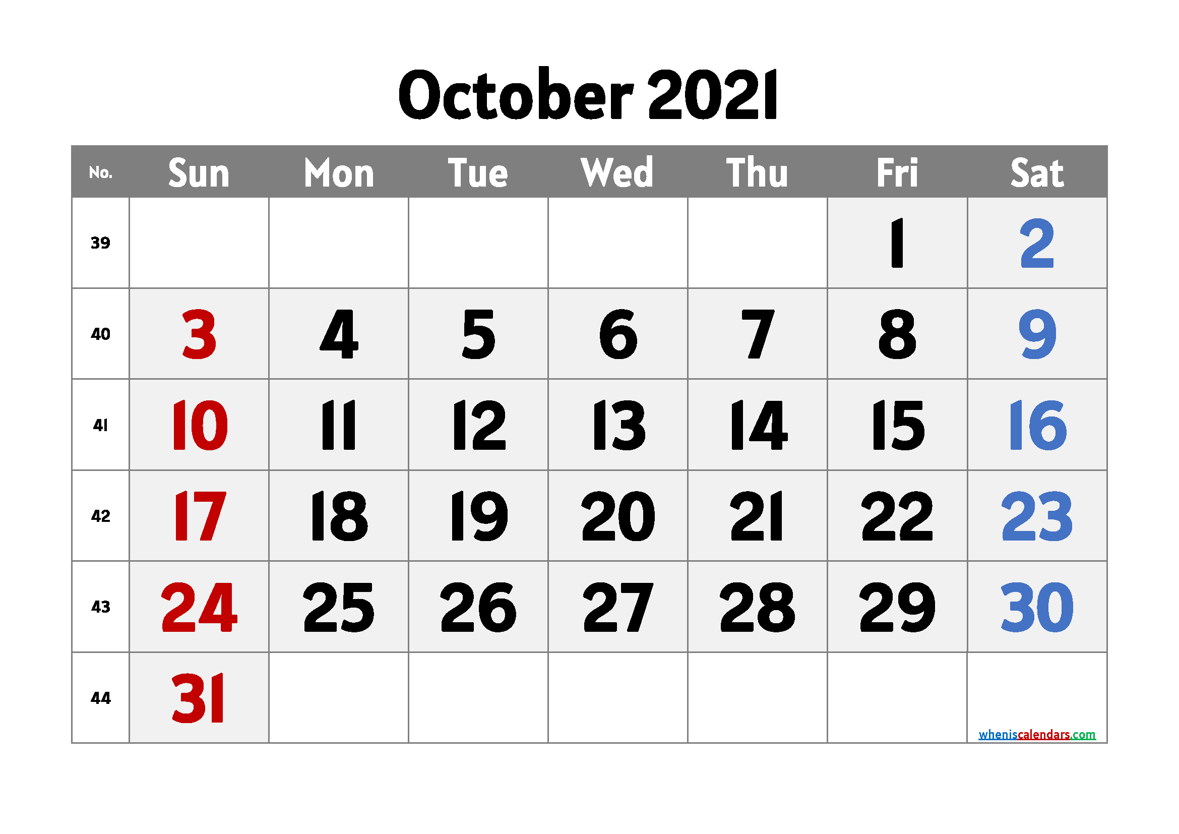 Printable Calendar for October 2021