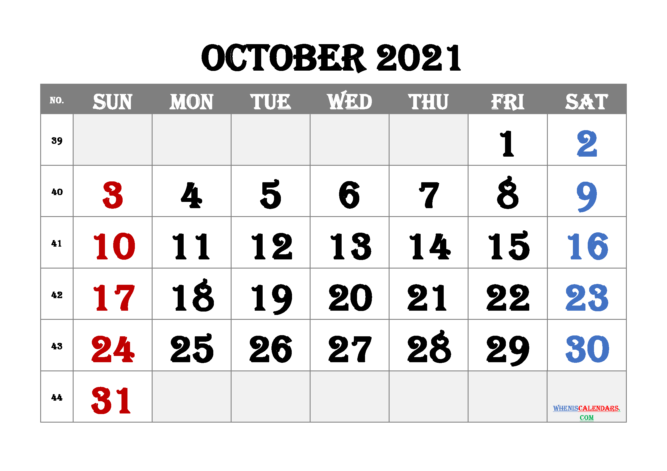 free printable october 2021 with week numbers