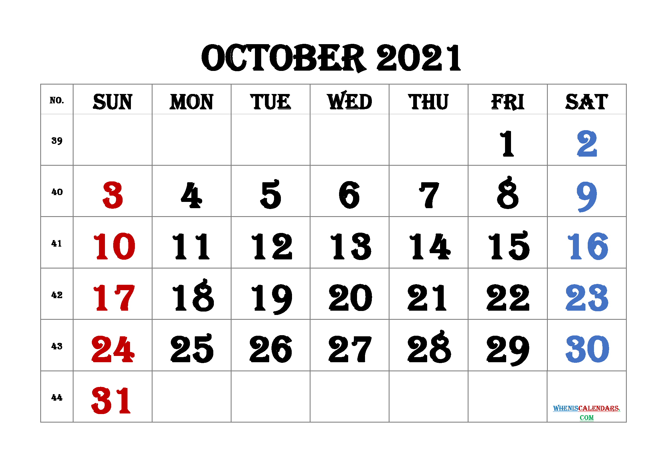 Free October 2021 Calendar Printable