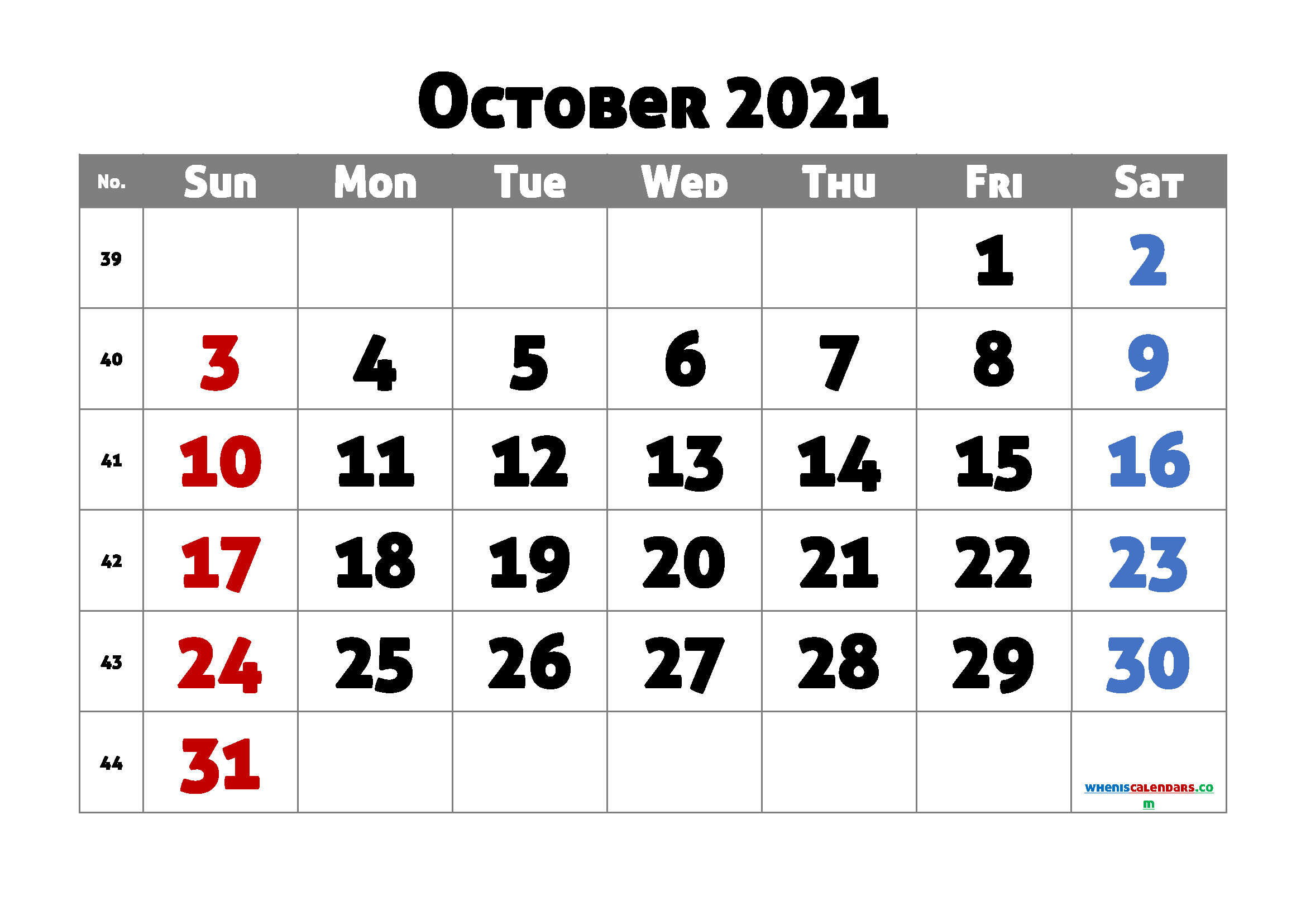 Free Printable October Calendar 2021