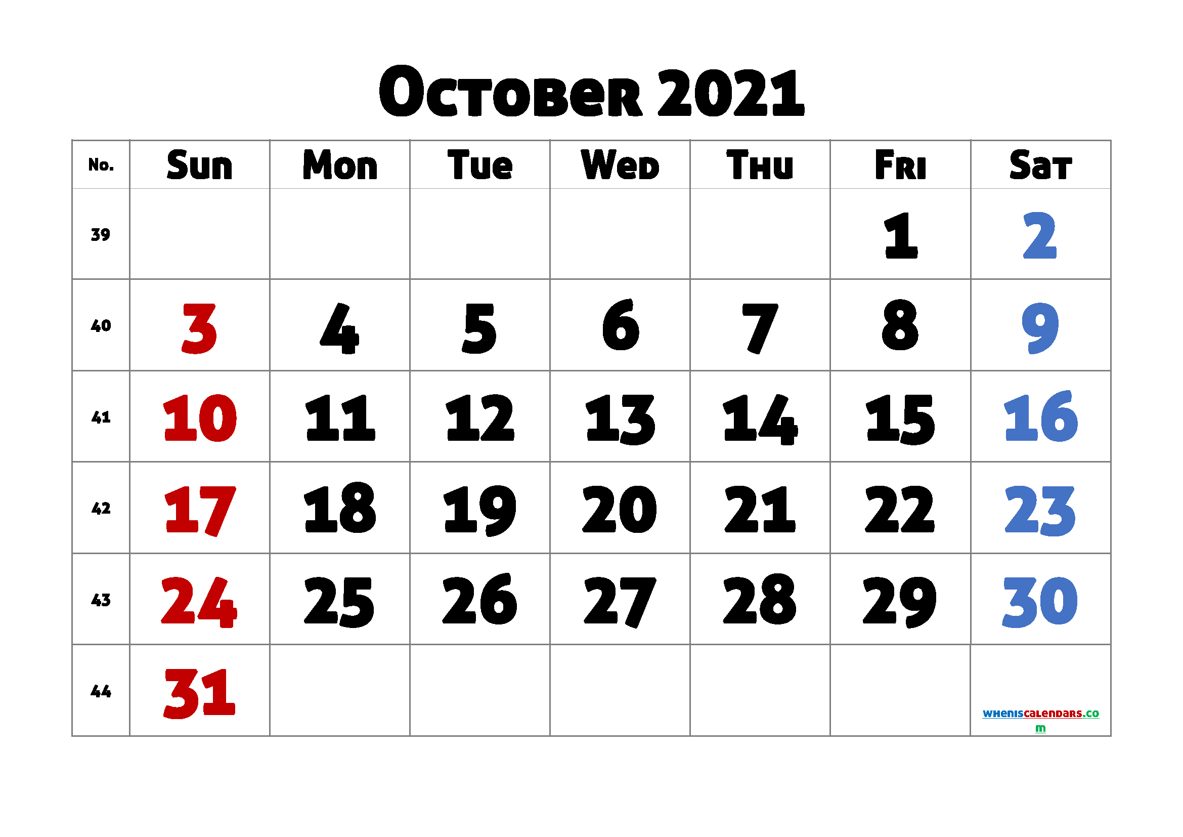 Free October 2021 Calendar Printable Cute