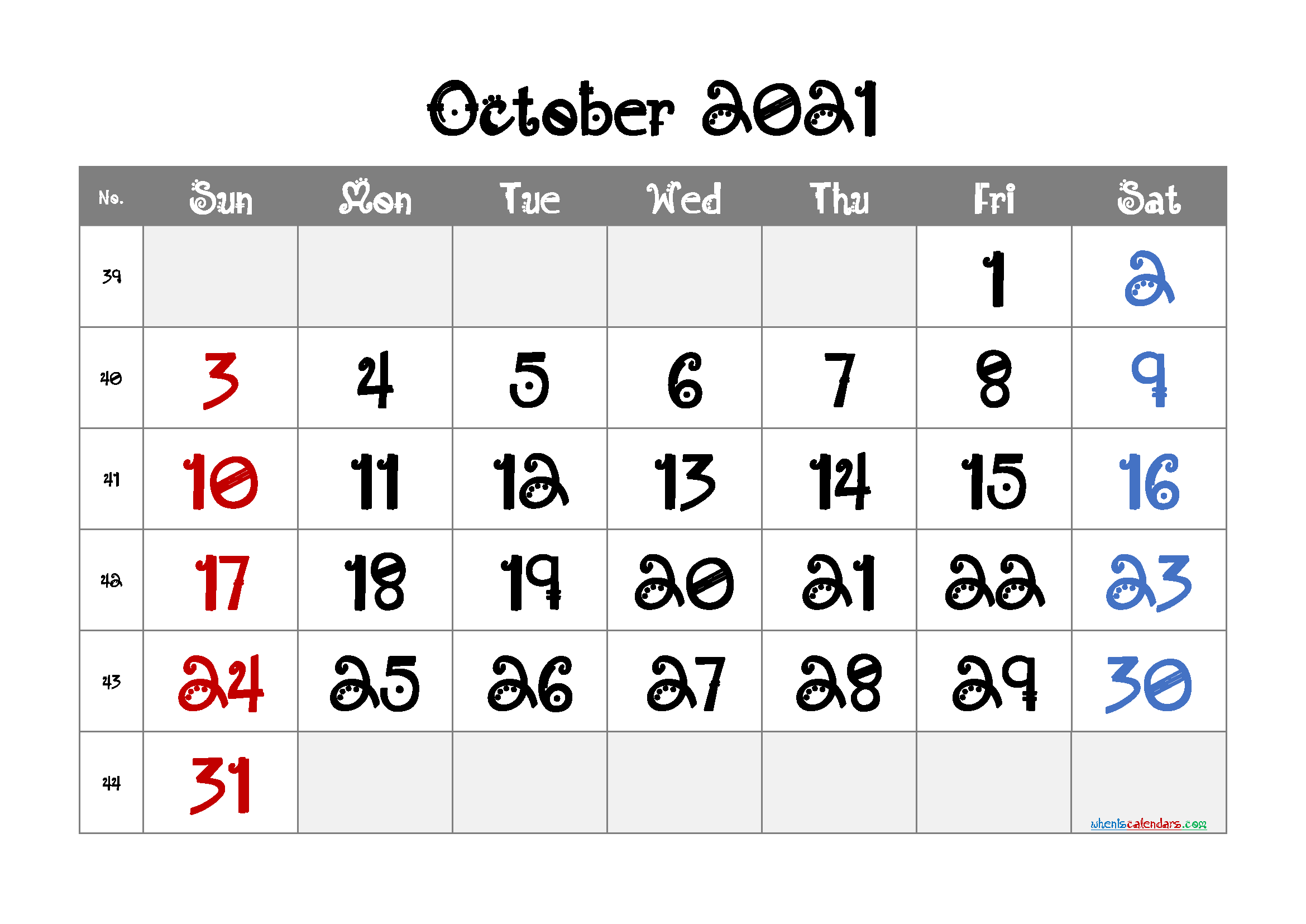 free printable october 2021 calendar with week numbers