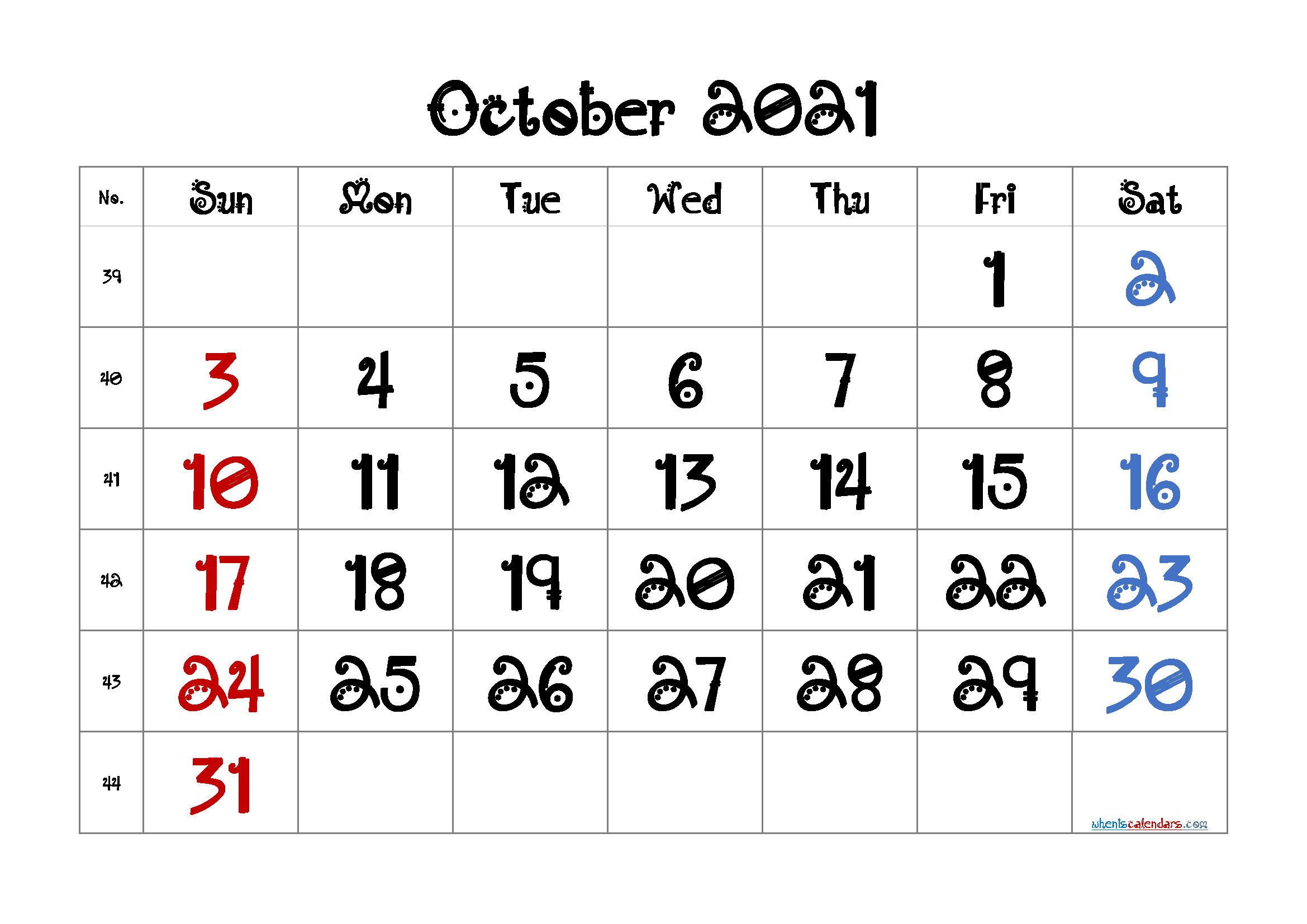 October 2021 Printable Calendar Free
