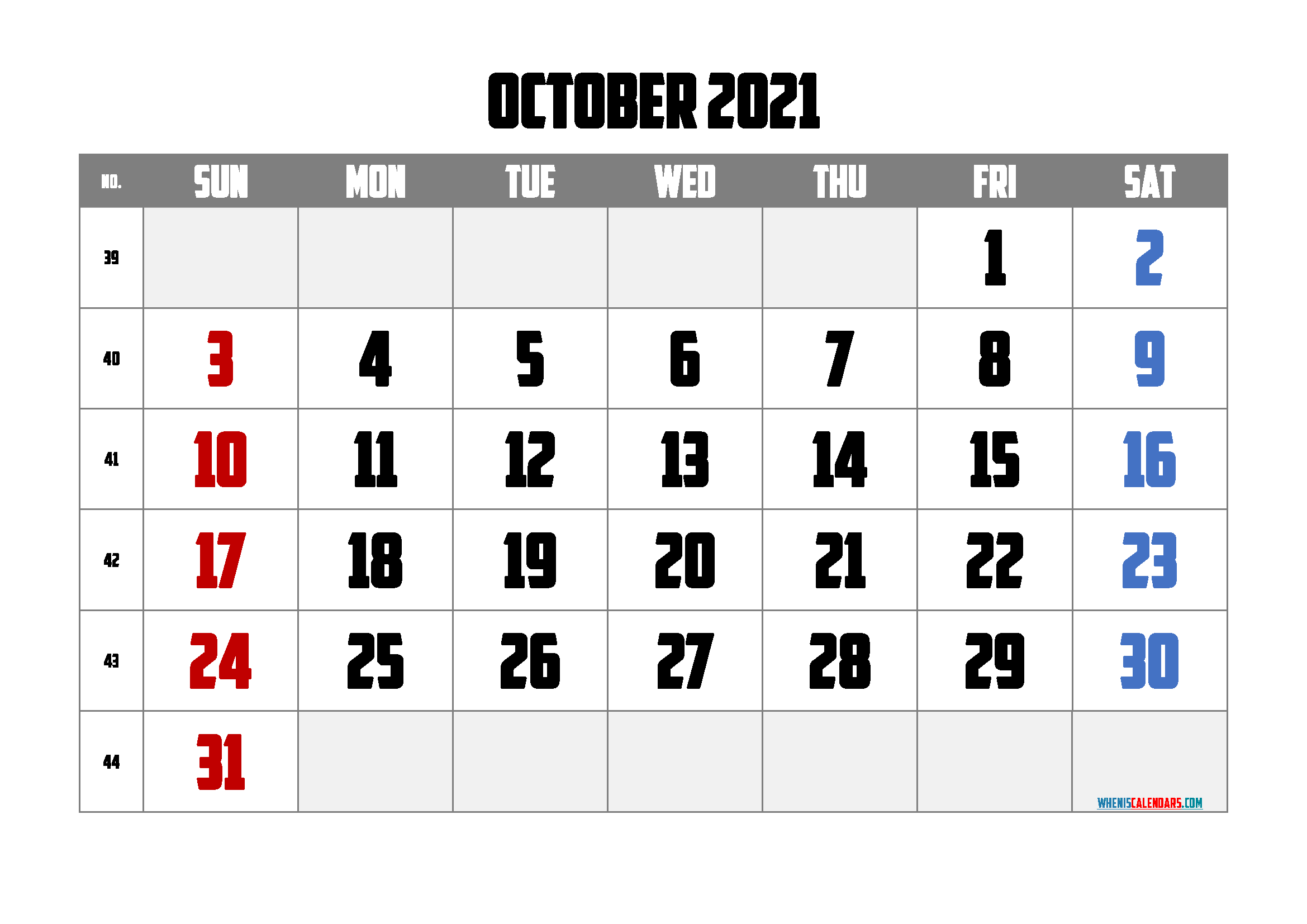 free printable october 2021 calendar with week numbers