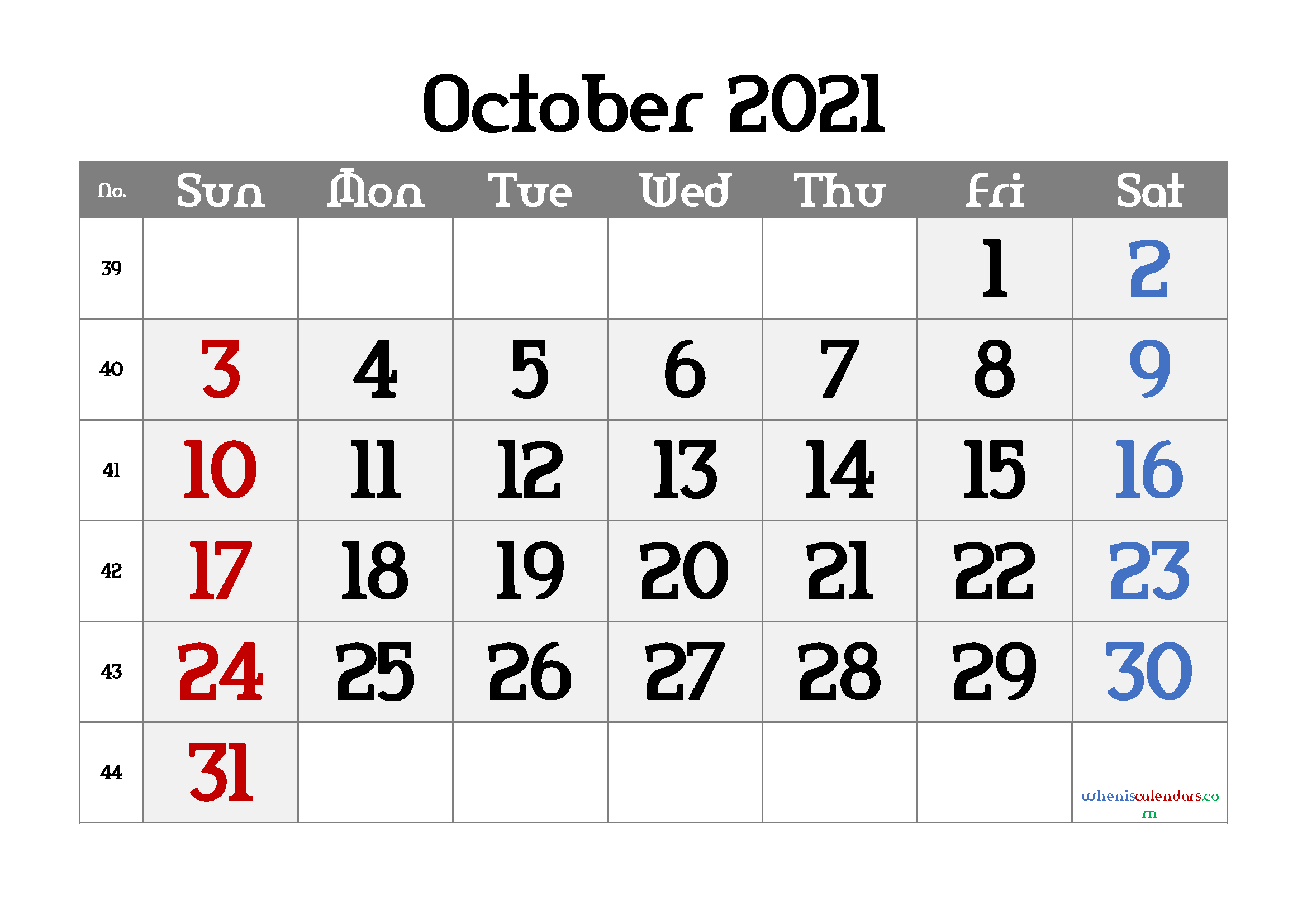 Free October Blank Calendar 2021