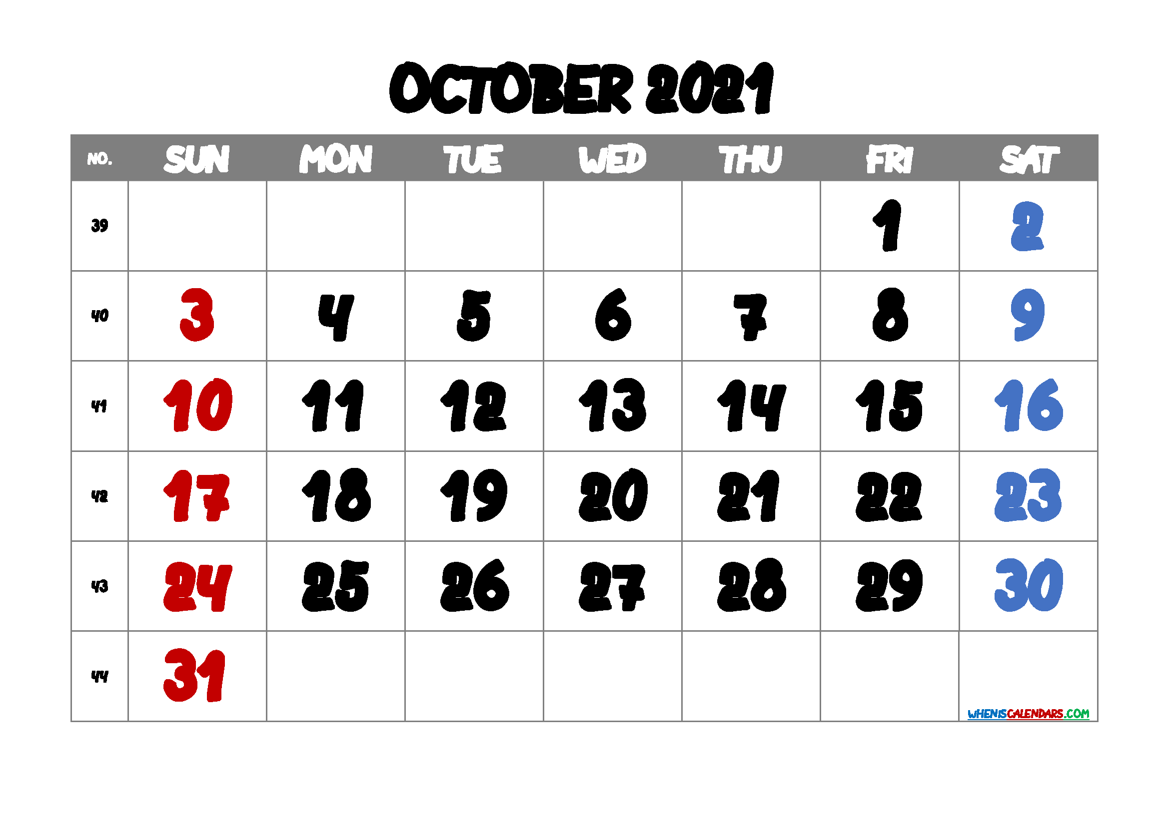 Free Printable 2021 Calendar October