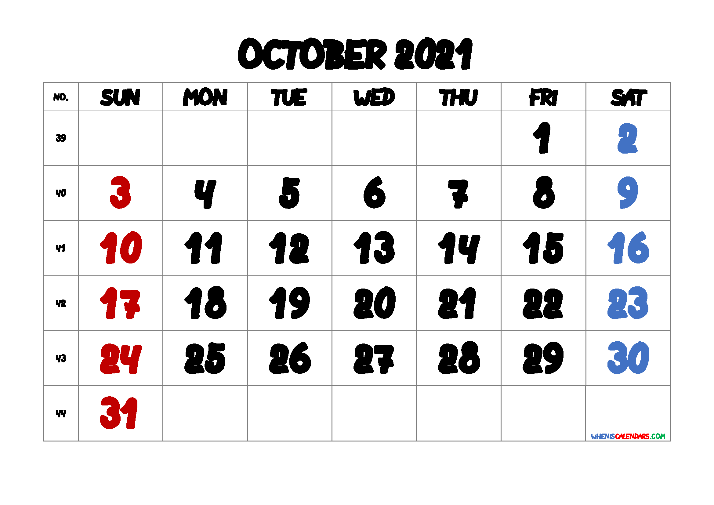 Free October 2021 Printable Calendar