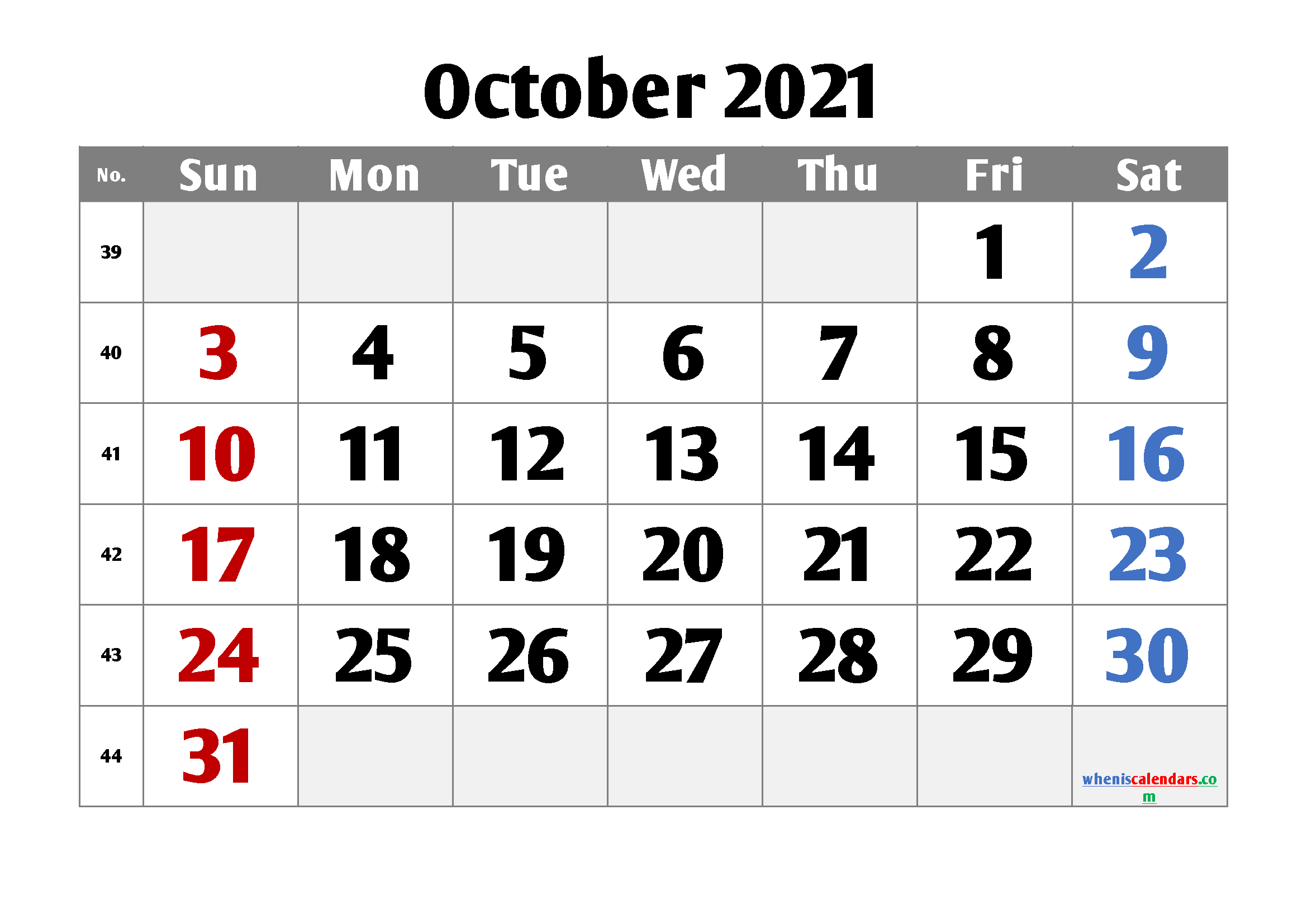 Free Blank Calendar October 2021