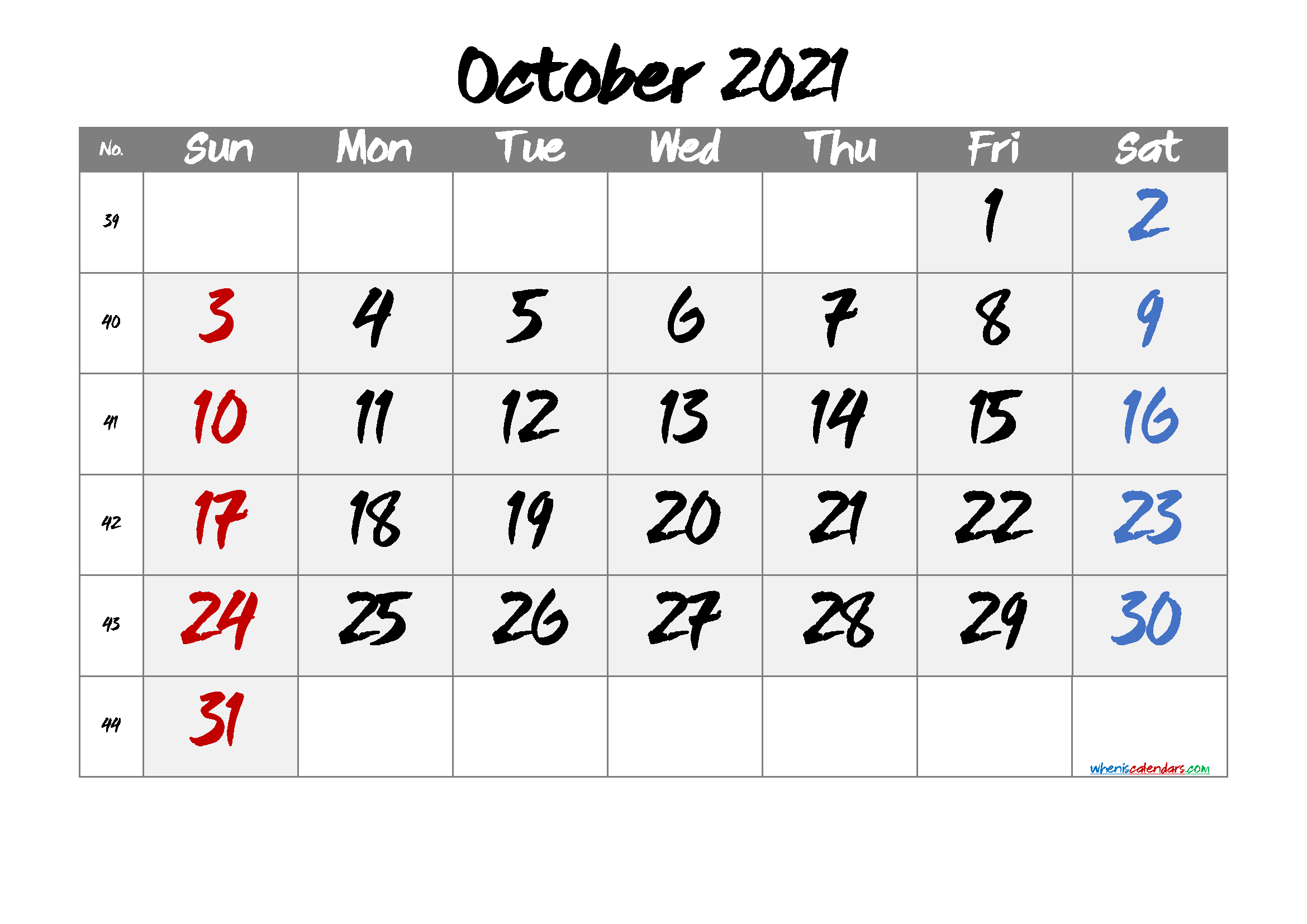Free October 2021 Calendar Cute