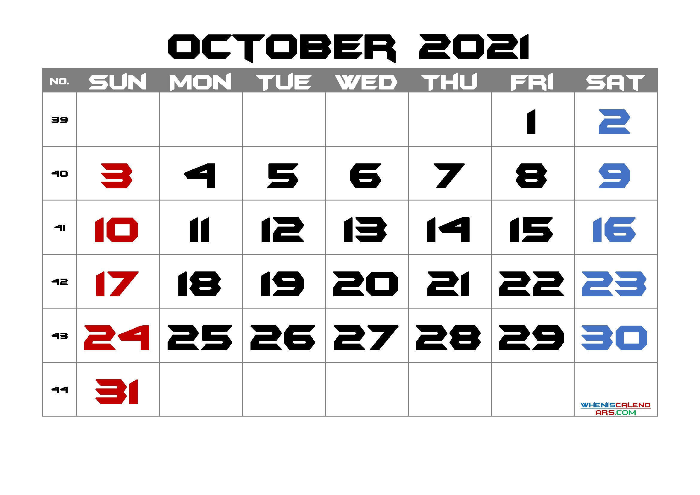 Free Cute October 2021 Calendar