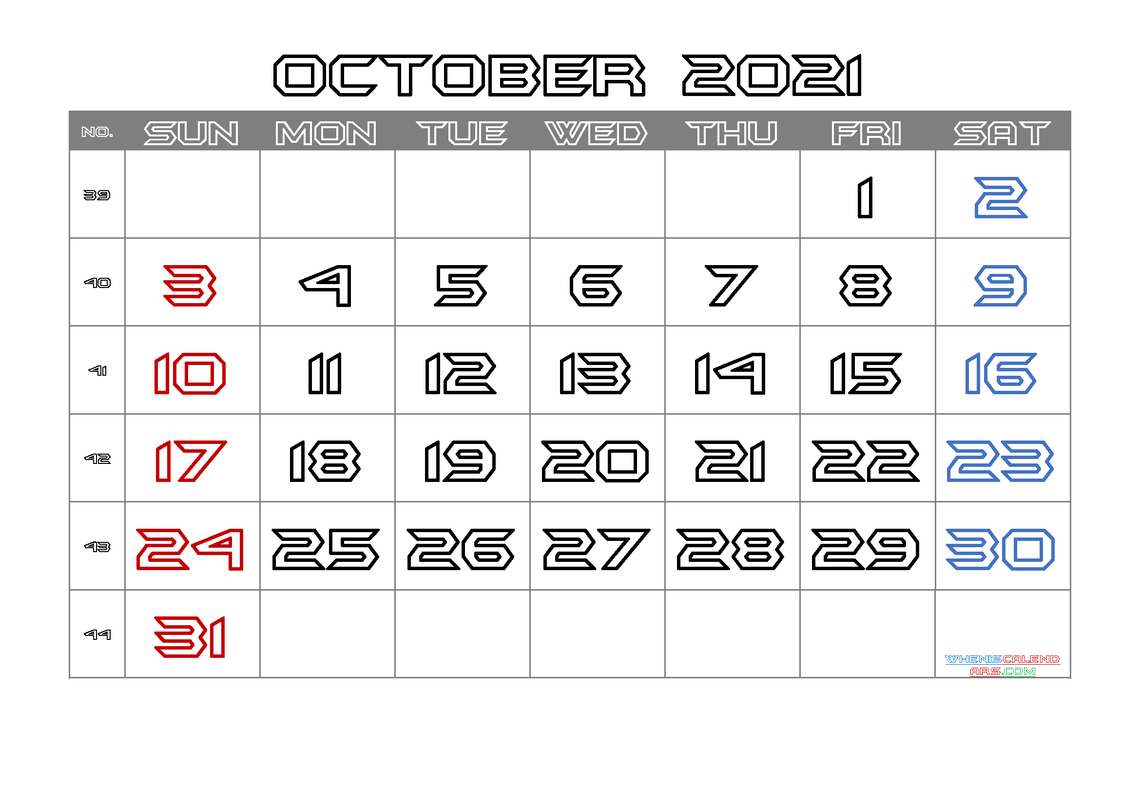 Free Printable 2021 Calendar October