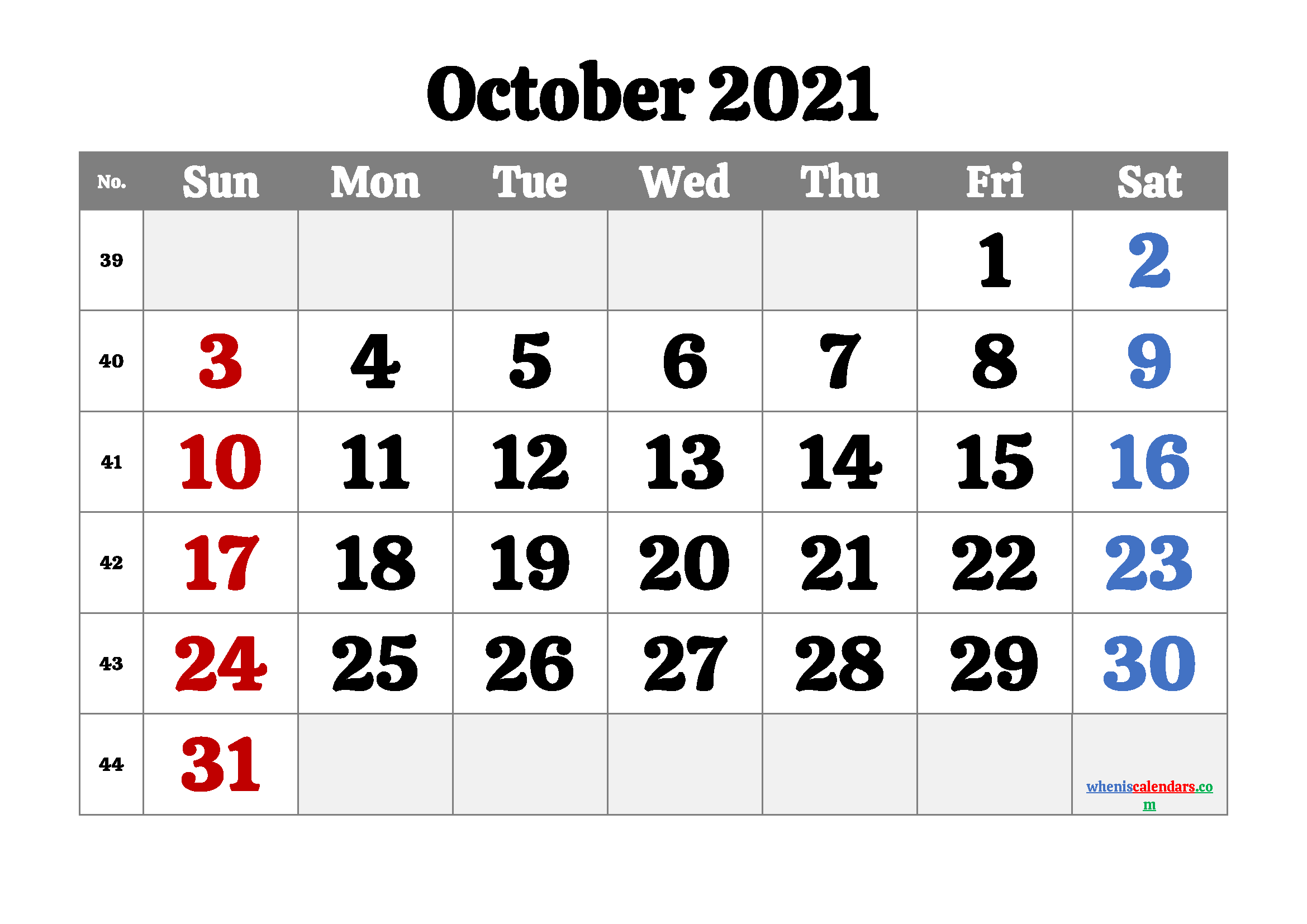 Free Blank Calendar October 2021