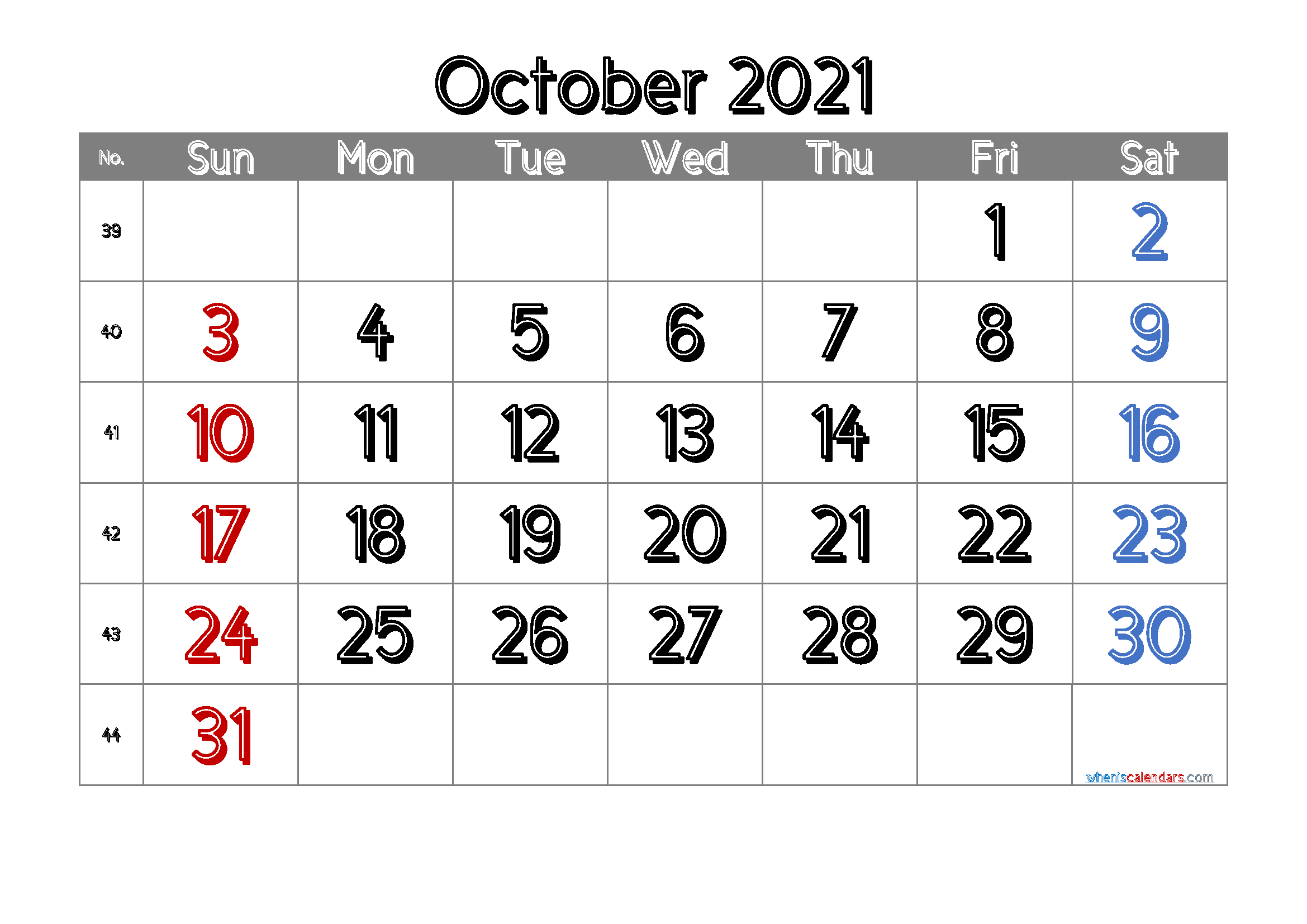 October 2021 Calendar Free Printable