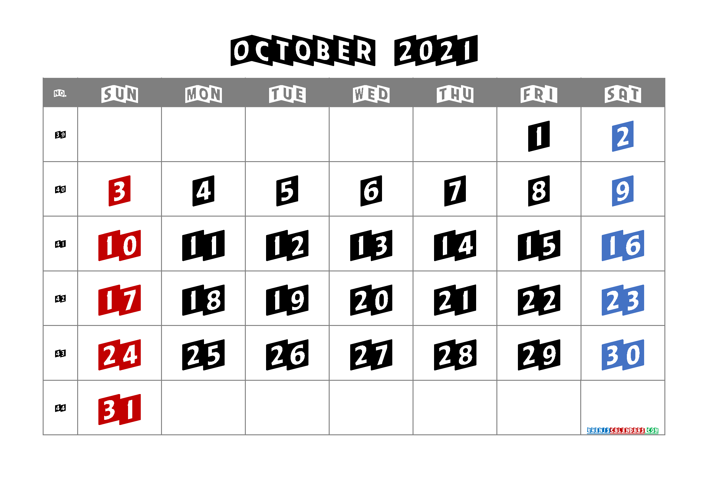 Free October 2021 Calendar with Holidays