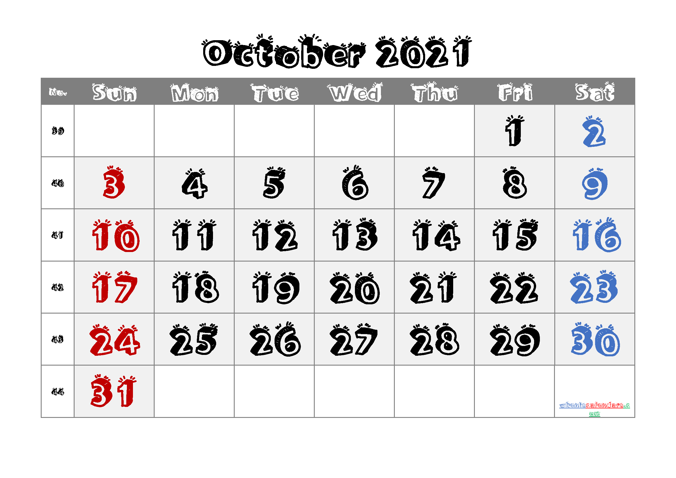 Free October 2021 Calendar with Holidays