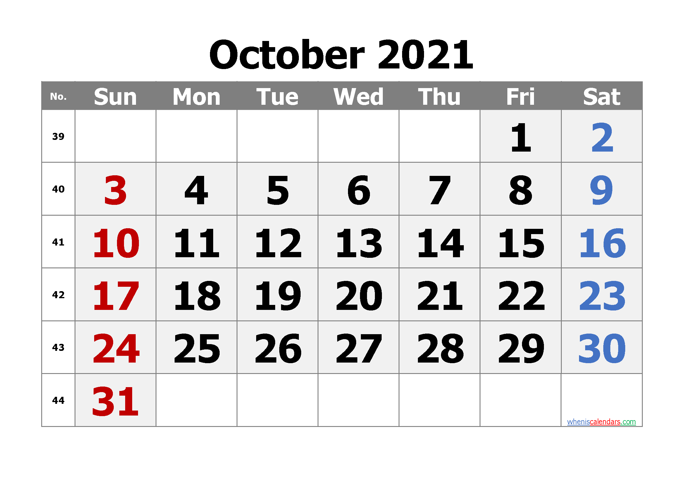 Free Cute October 2021 Calendar