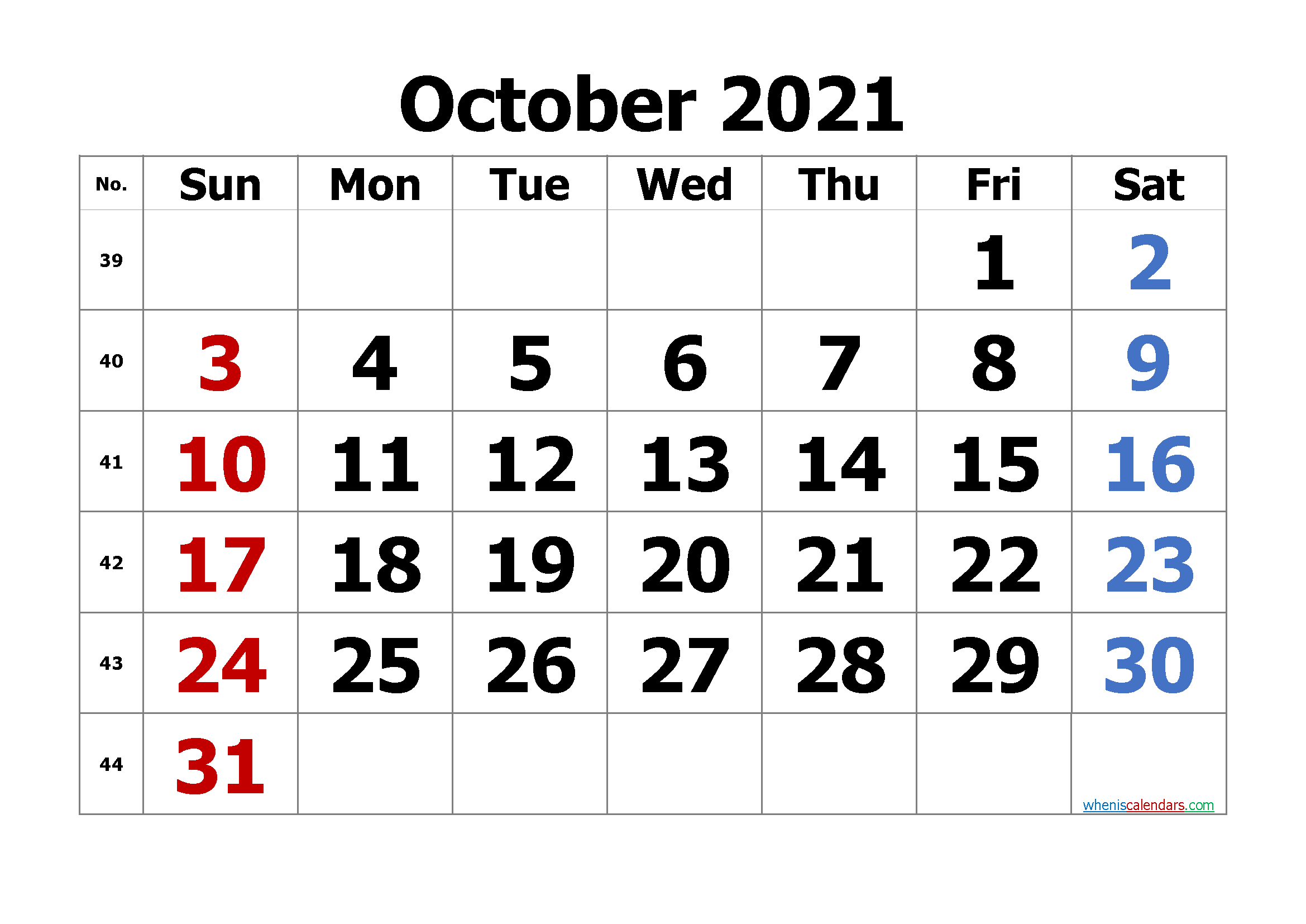 Free October 2021 Calendar Printable Cute