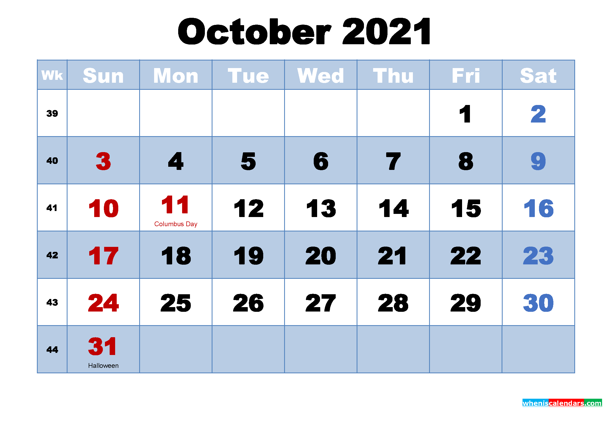 October 2021 Calendar Free Printable
