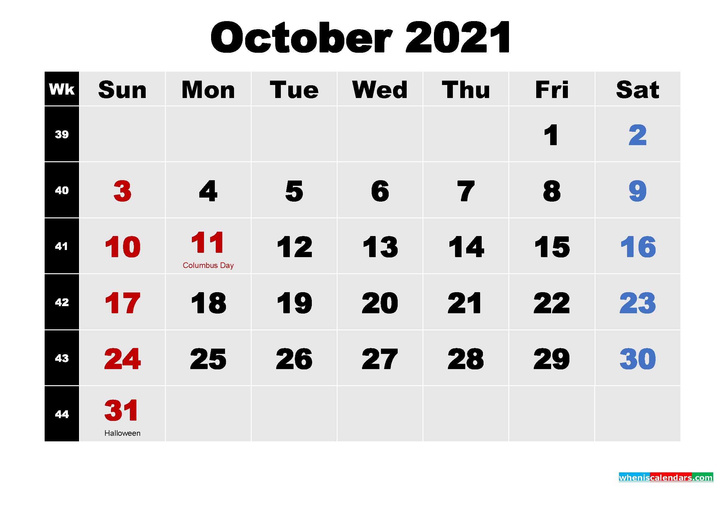 Free Printable October Calendar 2021