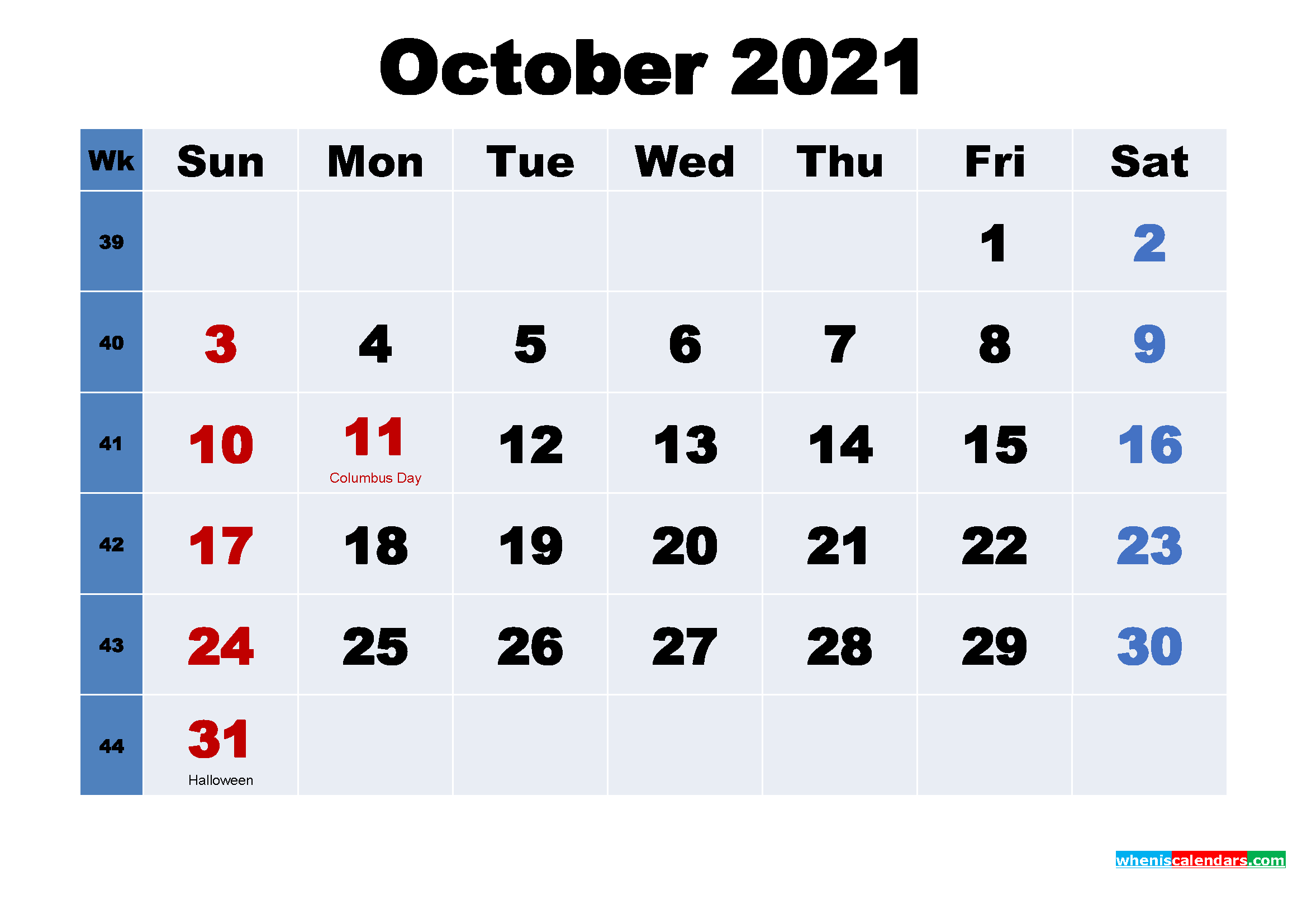 Printable Calendar for October 2021