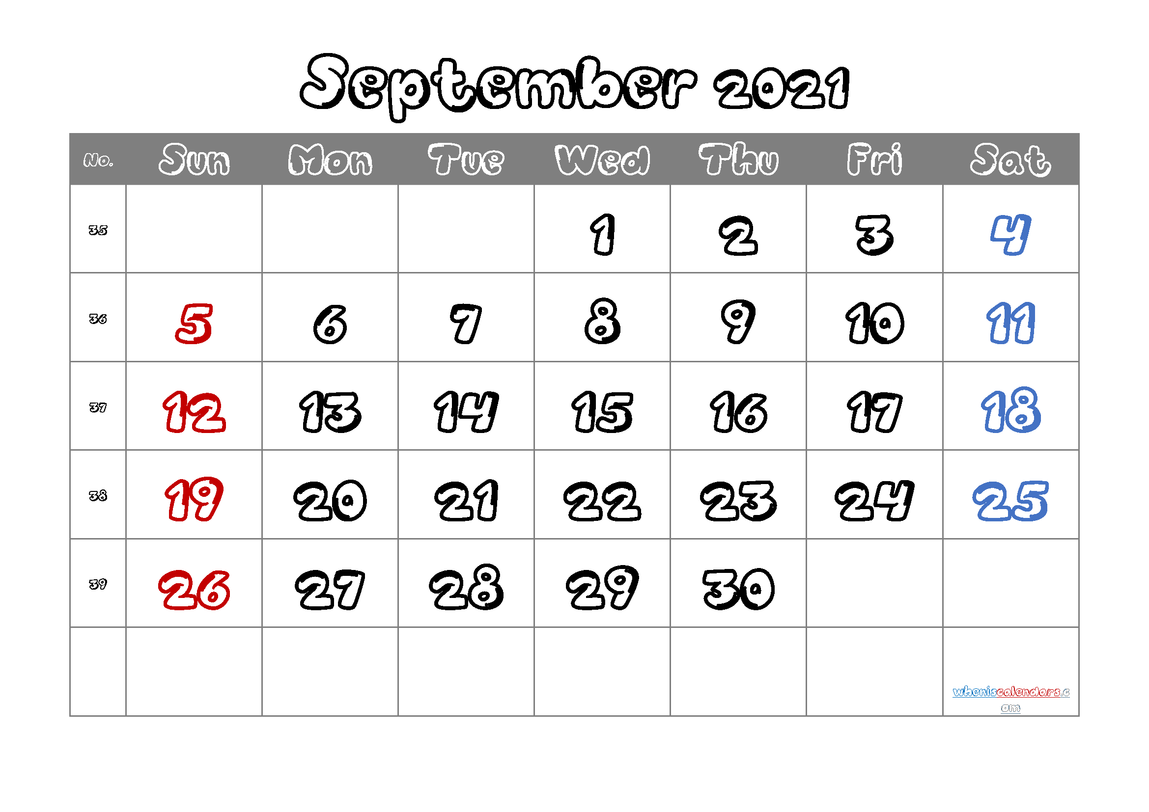 September 2021 Calendar Free Printable
