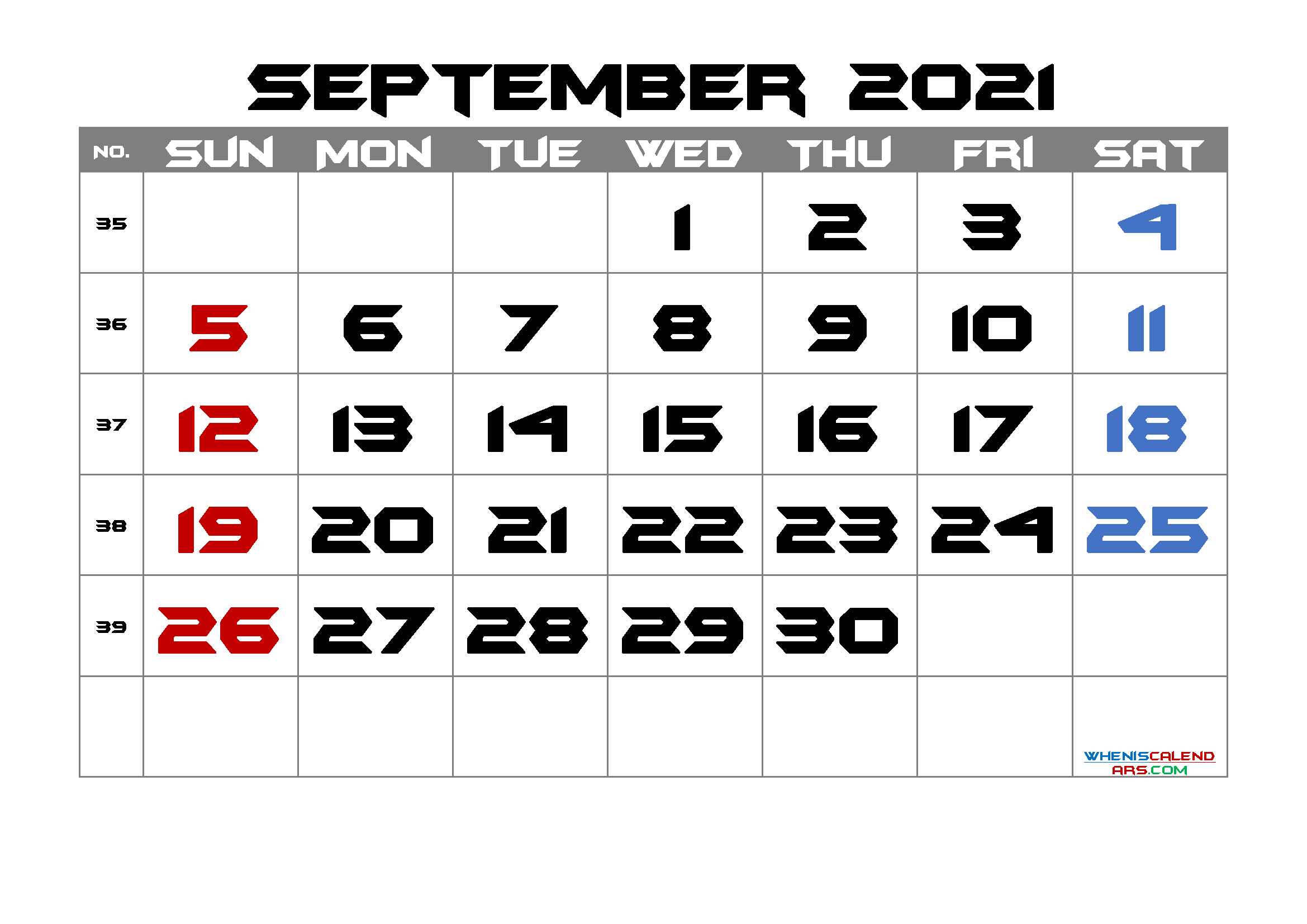 September 2021 Printable Calendar Free