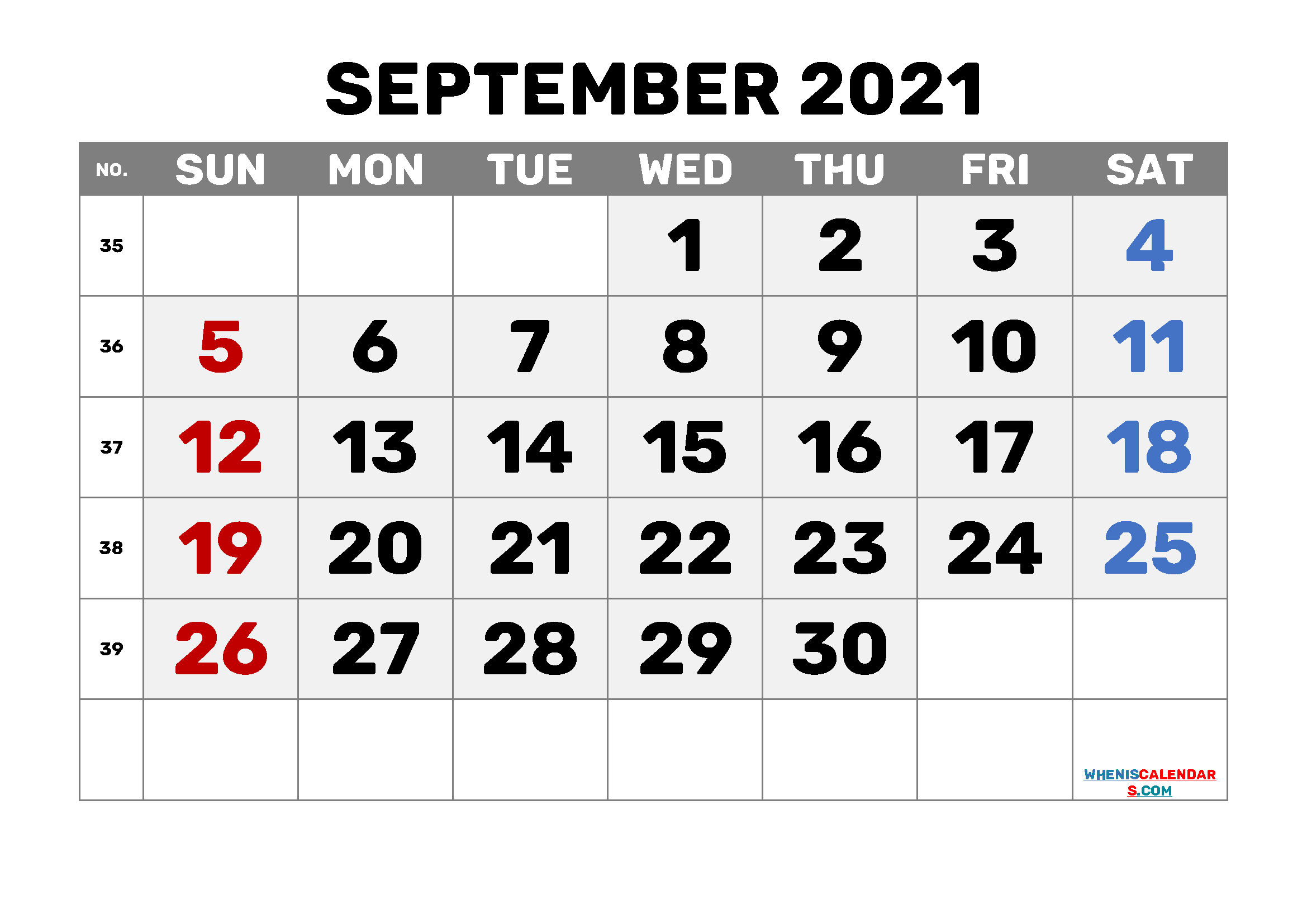 September 2021 Calendar Free Printable