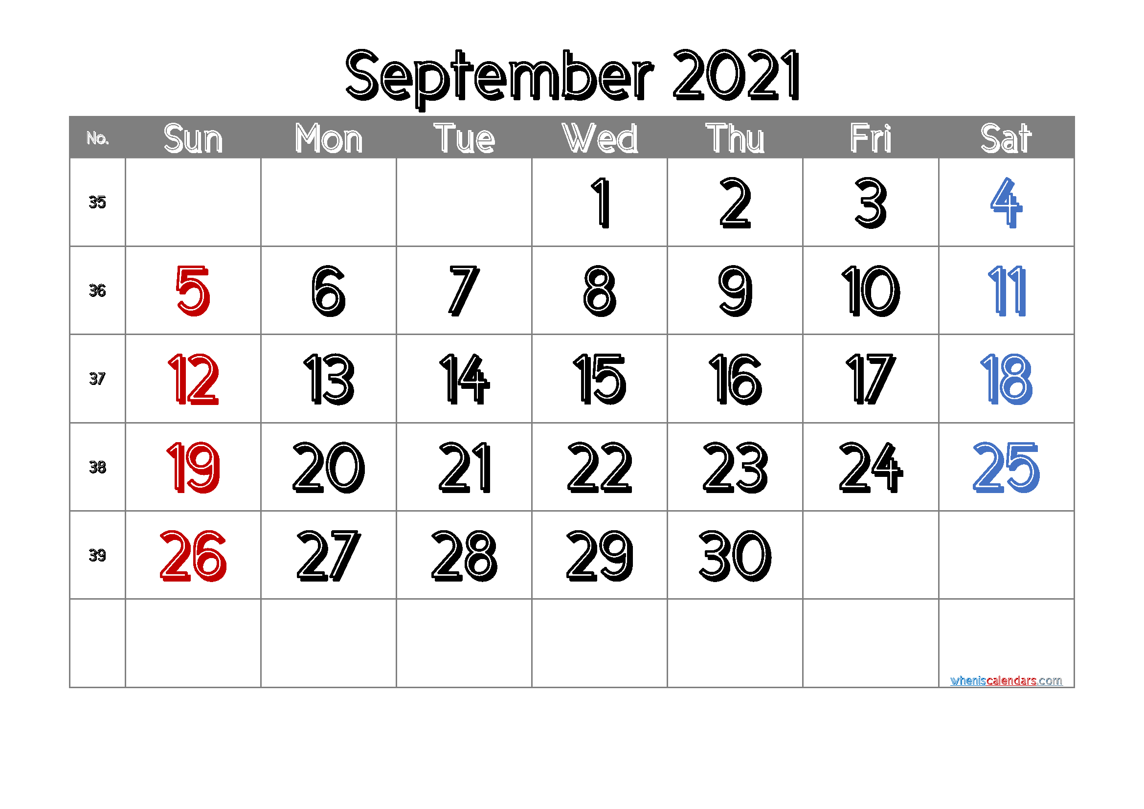 September 2021 Printable Calendar Free