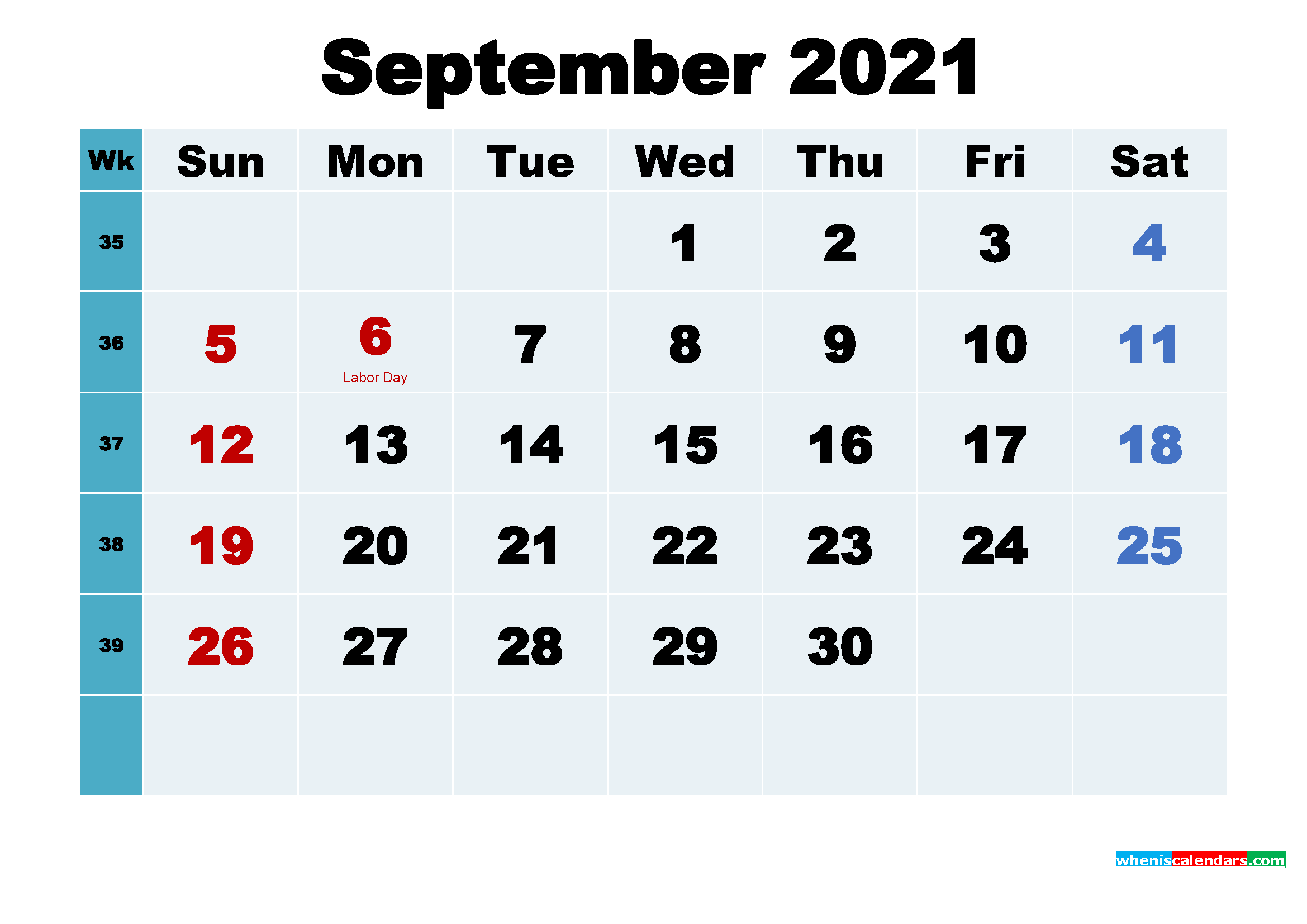 Free Printable Calendar September 2021