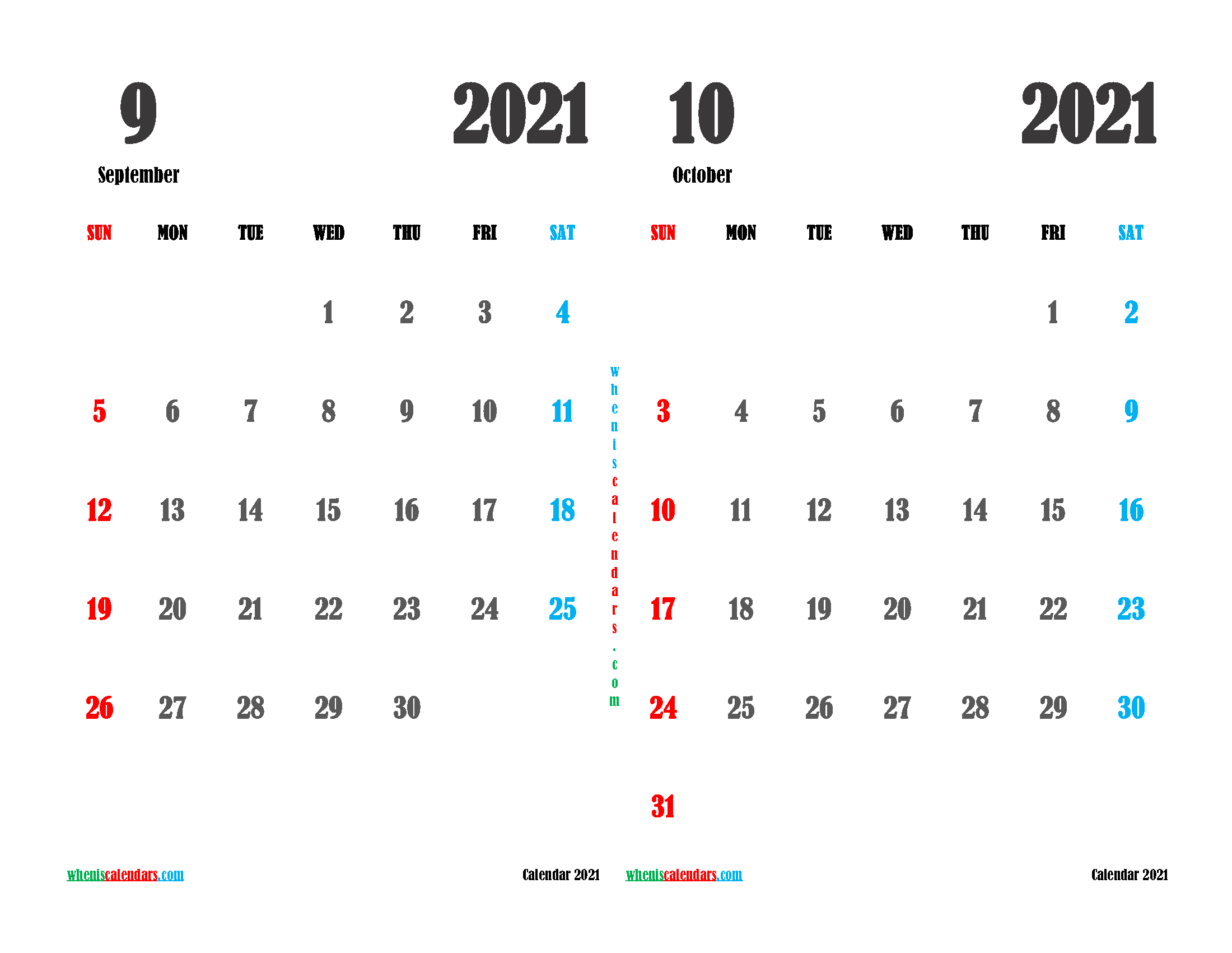 Printable Calendar 2021 September and October