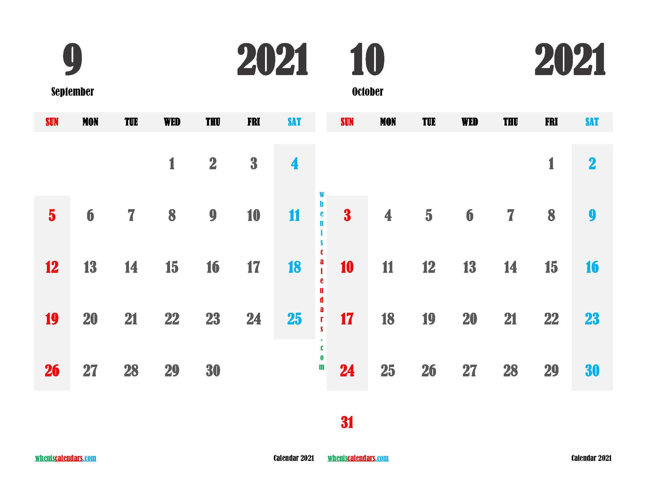 September and October 2021 Calendar Printable Free