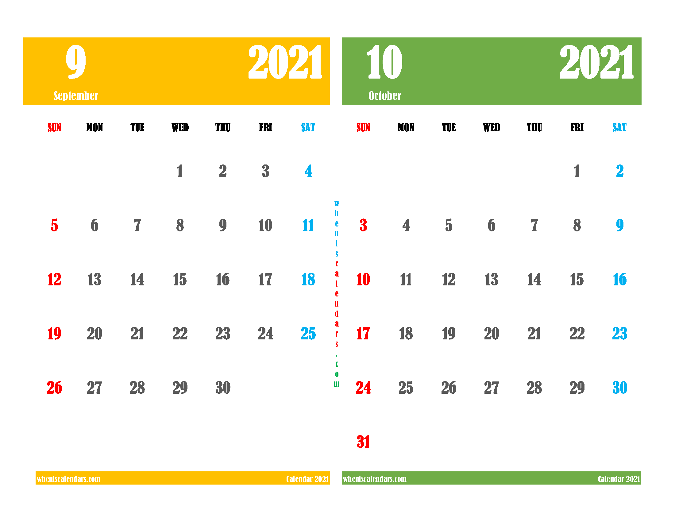 Free September October 2021 Calendar Printable
