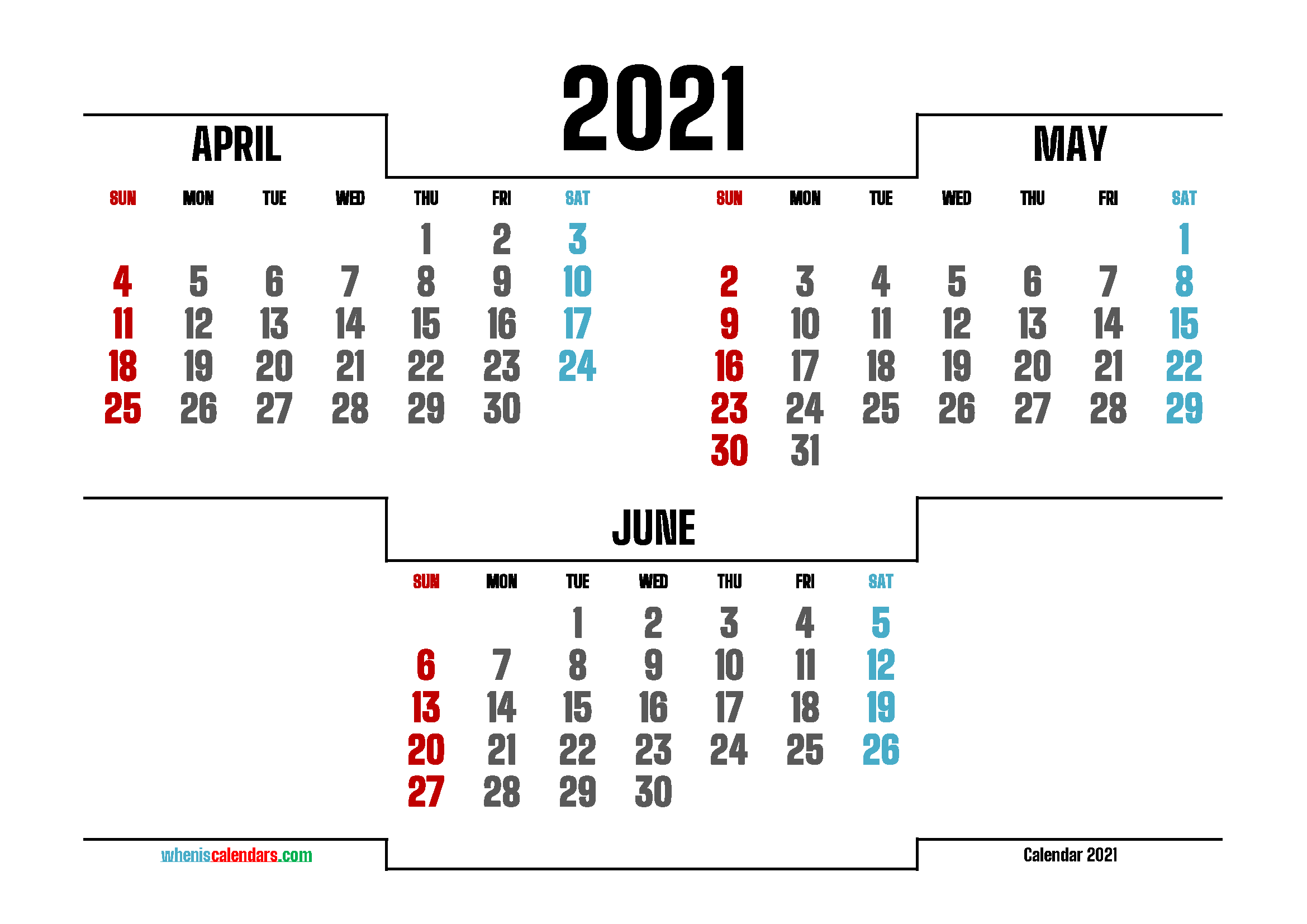 April May June 2021 Calendar printable 3 month calendar on one page