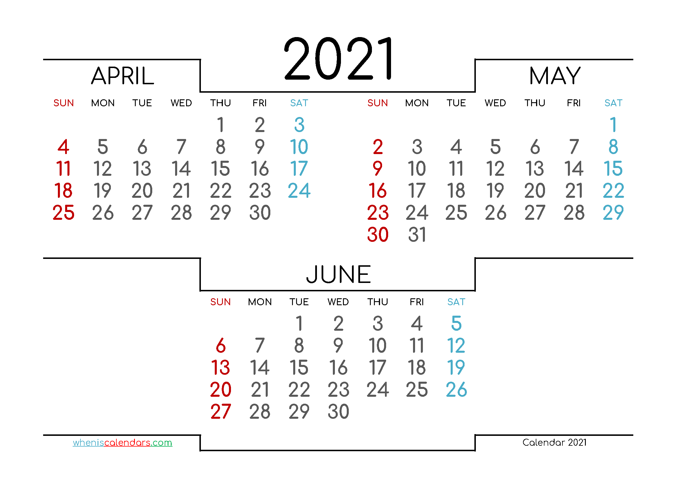 April May June 2021 Printable Calendar