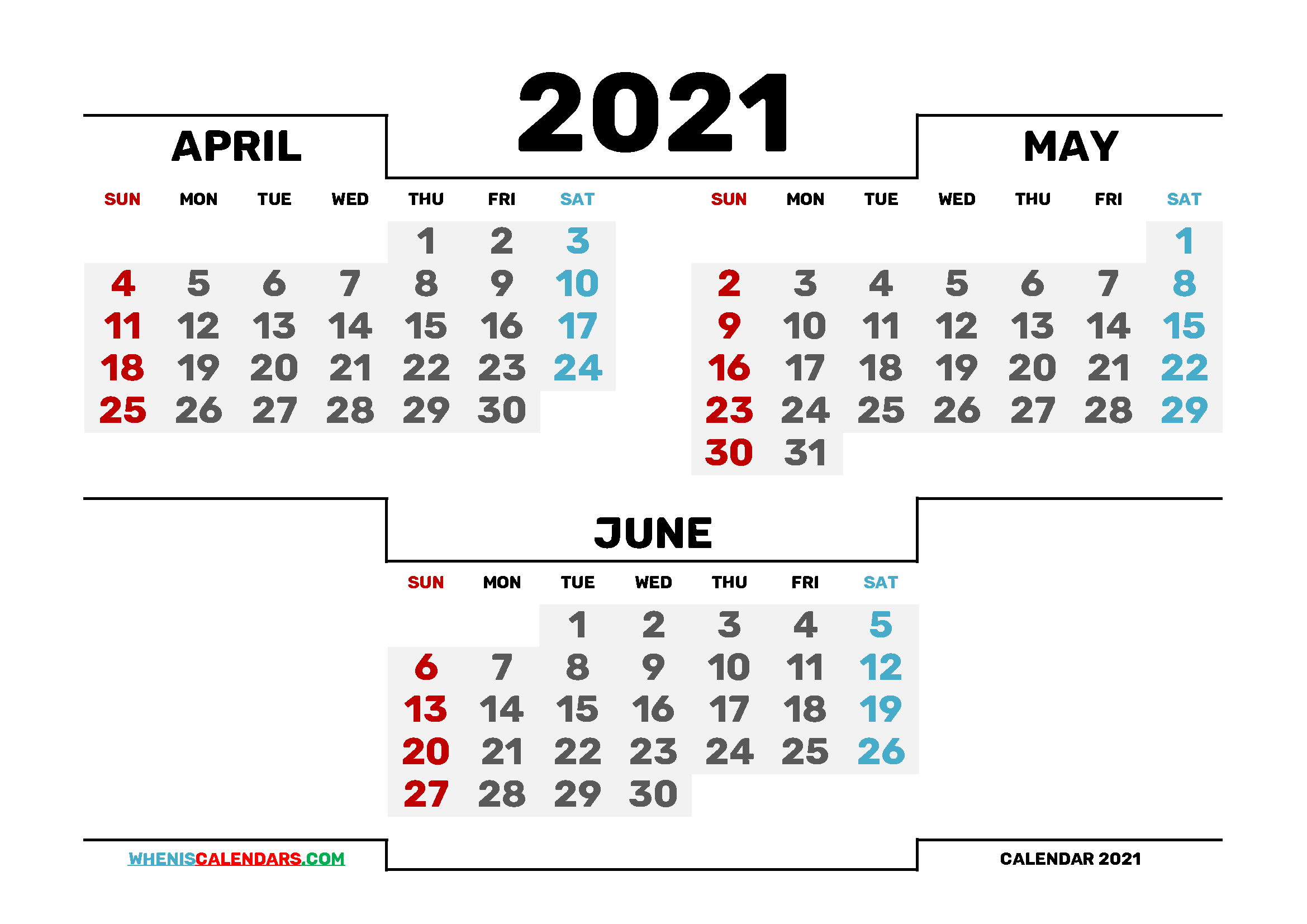 Free April May June 2021 Calendar Printable