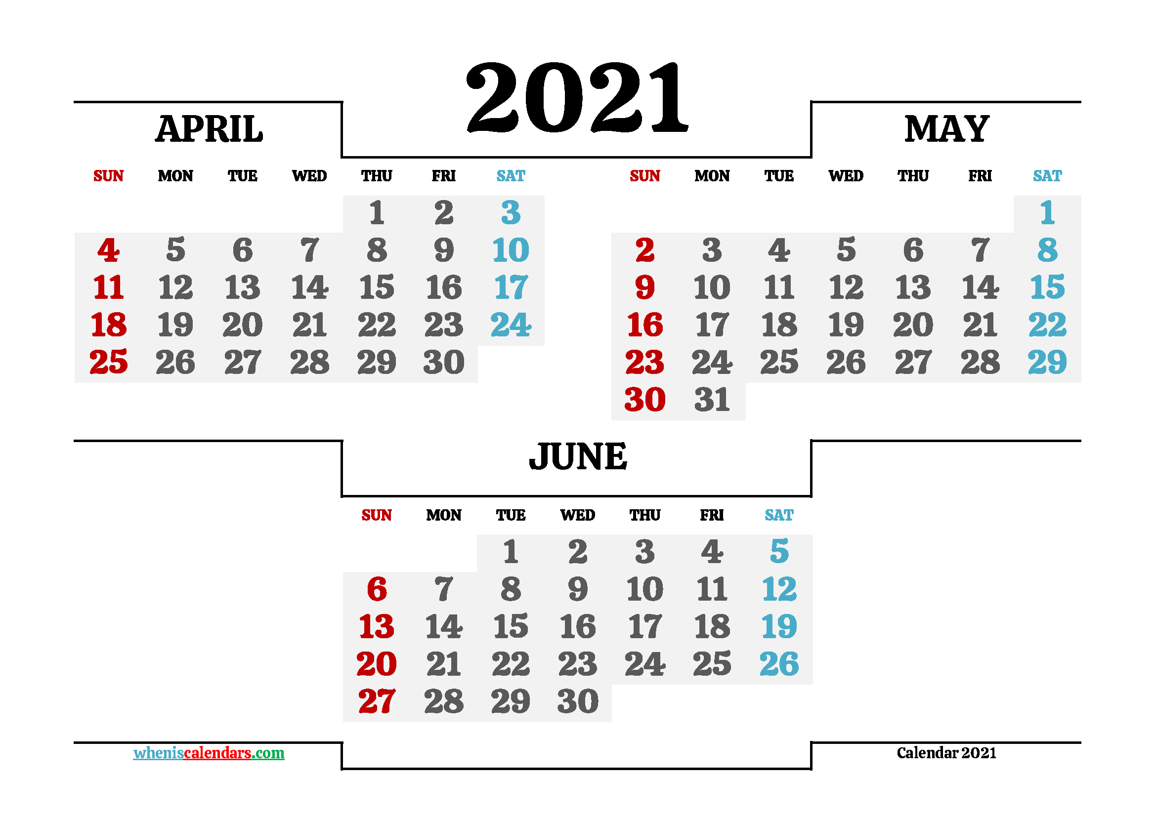 Free April May June 2021 Calendar Printable