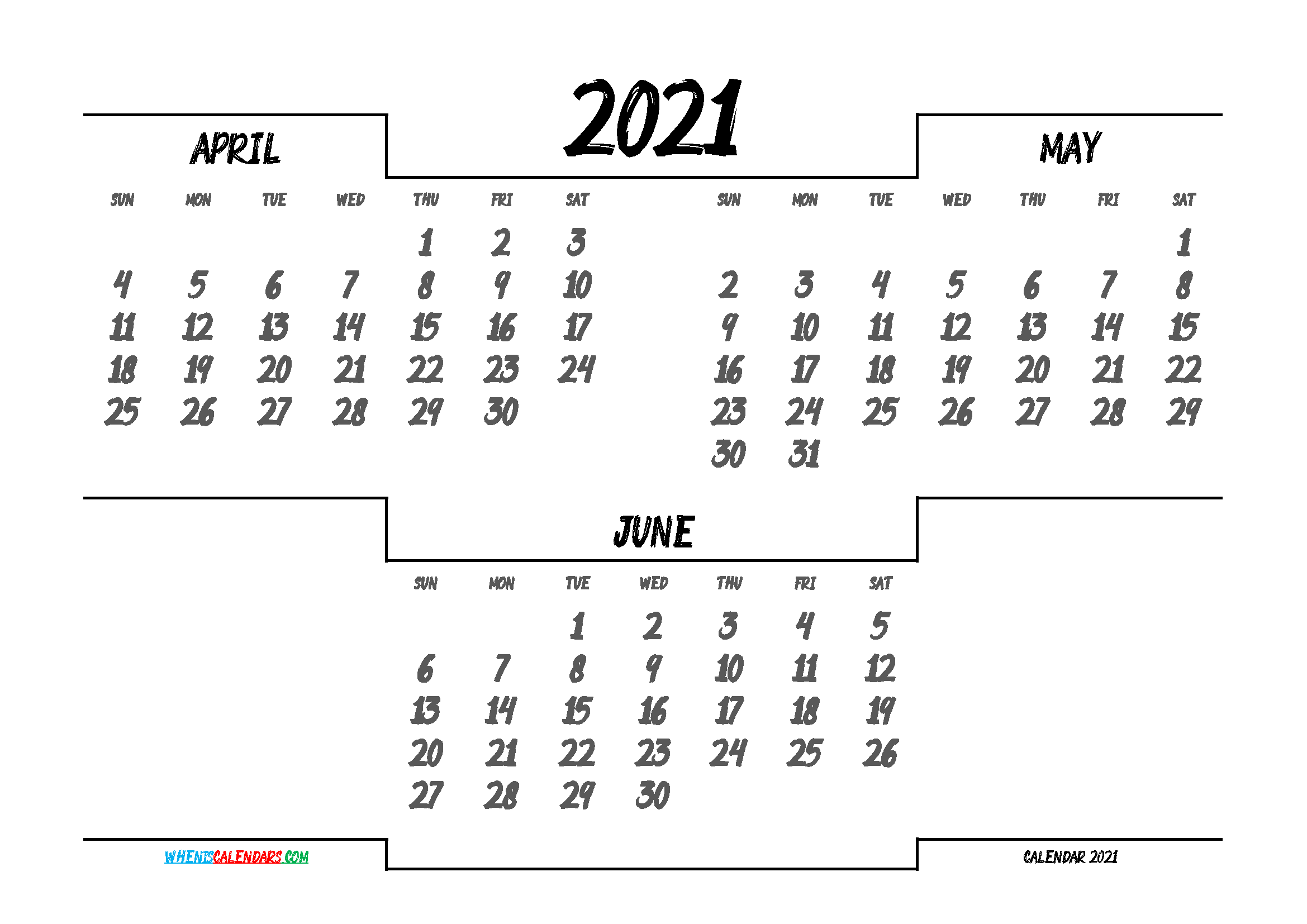 April May June 2021 Calendar printable 3 month calendar on one page