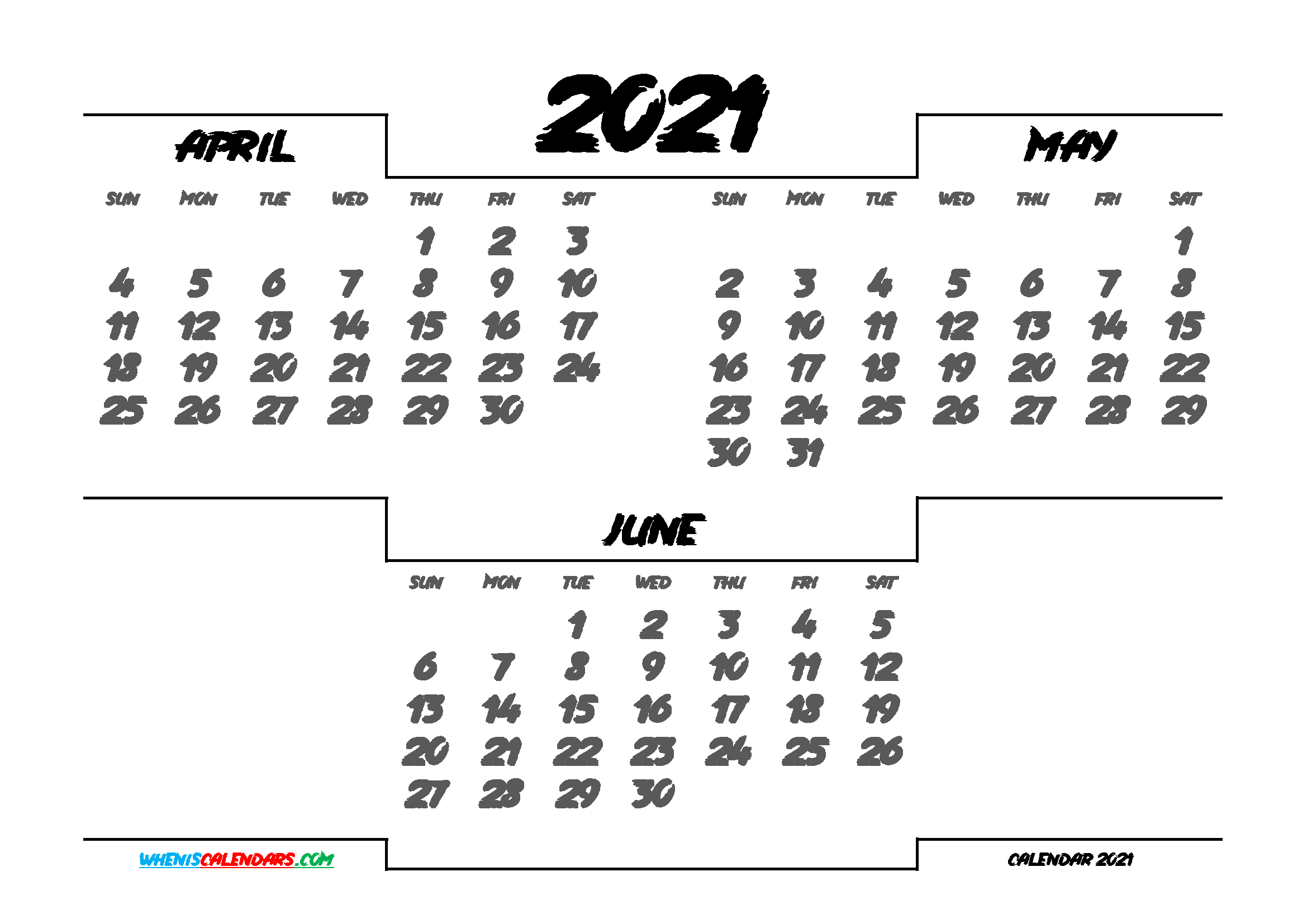 April May June 2021 Calendar Printable