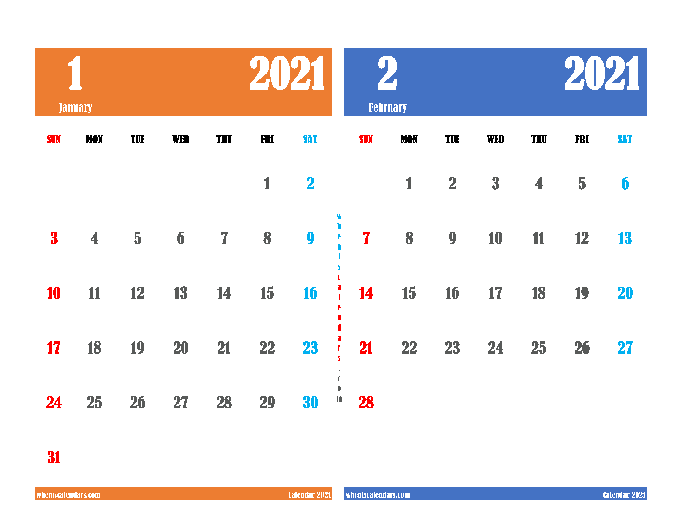 free printable january february 2021 calendar two month on one page