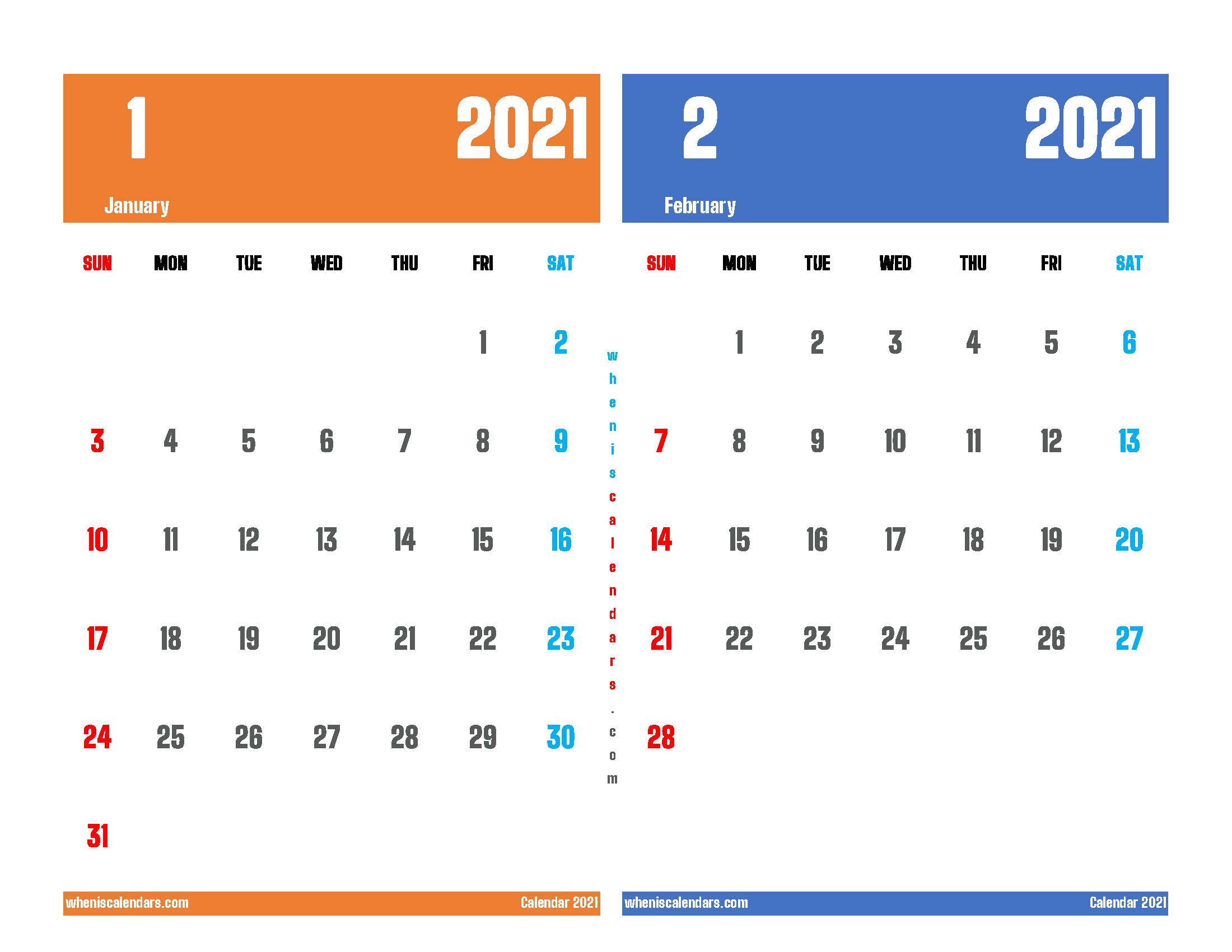 free printable january february 2021 calendar two month on one page